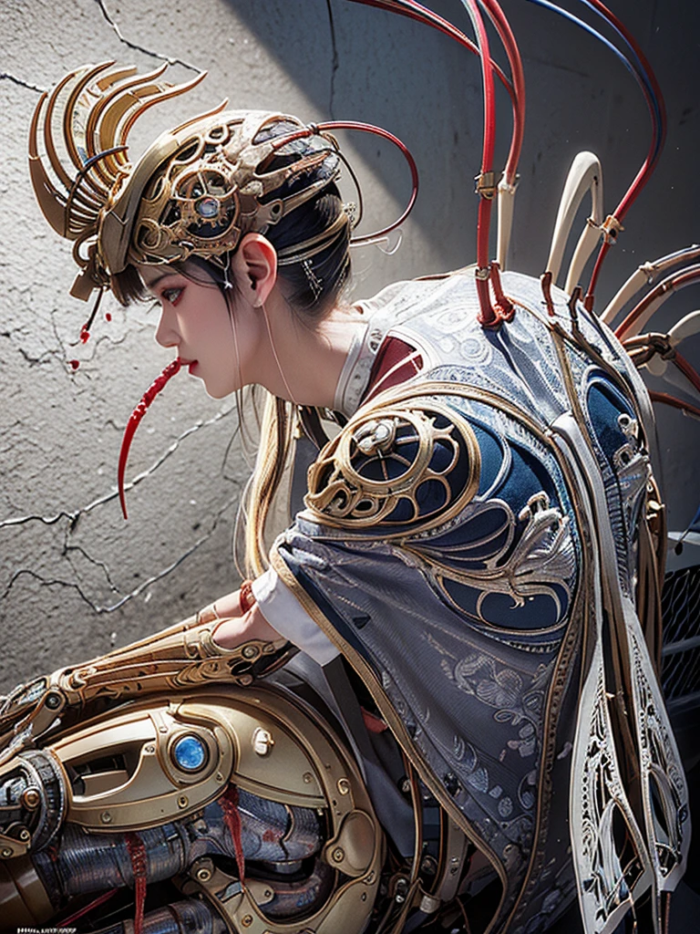 (masterpiece, top quality, best quality, official art, beautiful and aesthetic:1.2), (1girl:1.3), extreme detailed,colorful,highest detailed ((ultra-detailed)), (highly detailed CG illustration), ((an extremely delicate and beautiful)),(from side),cinematic light,((1mechanical girl)),solo,full body,(machine made joints:1.2),((machanical limbs)),(blood vessels connected to tubes),(mechanical vertebra attaching to back),((mechanical cervial attaching to neck)),(sitting),expressionless,(wires and cables attaching to neck:1.2),(wires and cables on head:1.2)(character focus),science fiction,white background,(blood:1.5)