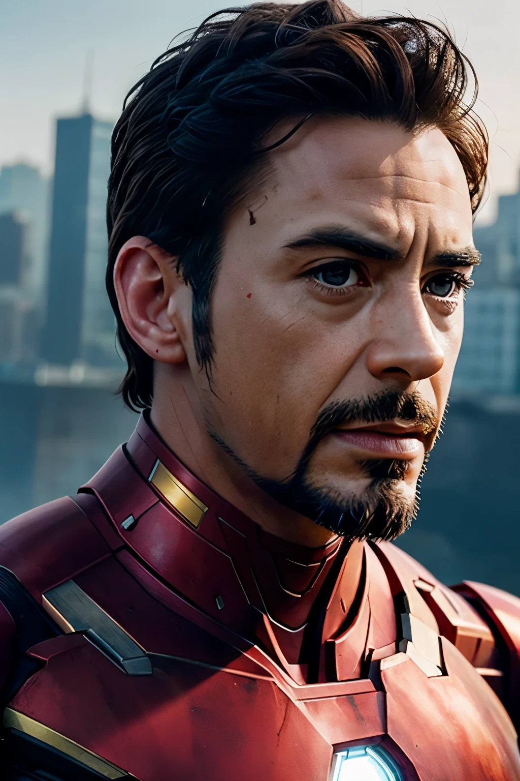 Create a full image of iron man with half face of iron man and the one half of face of Chris evans