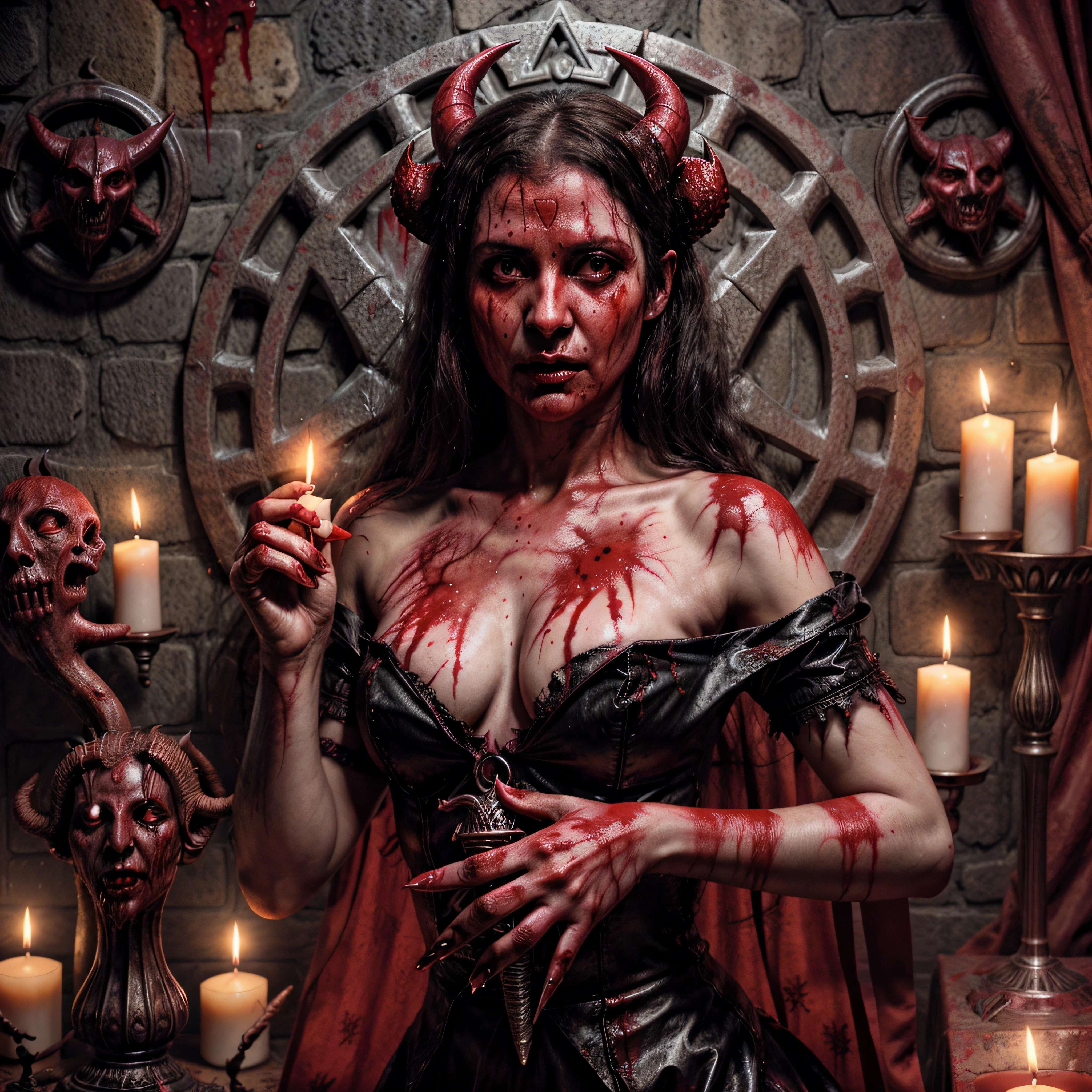 Arafed woman with horns and blood on her face holding a knife, scary horrible satanic rituals, satanism, demonic magic ritual, satanic ritual, | demonic | horror theme, satanic horror, devil, adorned with devils skulls, queen of hell, devil girl, devil woman, conjure devils, white horns devil queen, sinister demonic atmosphere, horror fantasy art