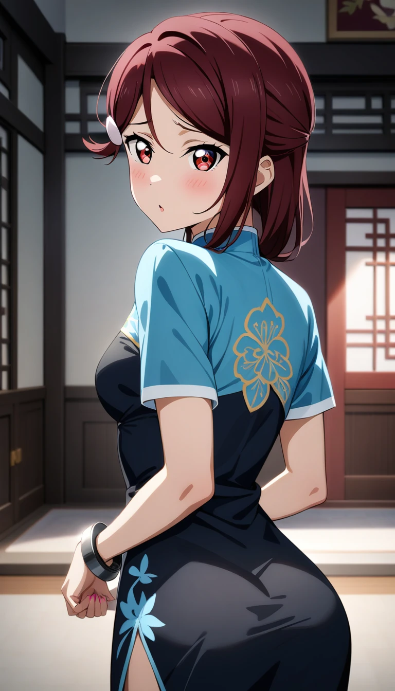 1girl, sakurauchi riko, love live!,upscale Chinese dress,Upper Body Shot,standing backwards,hands behind back,is handcuffed,looking at viewer,perfect hands,cheenes house,masterpiece,very aesthetic,newest,sensitive