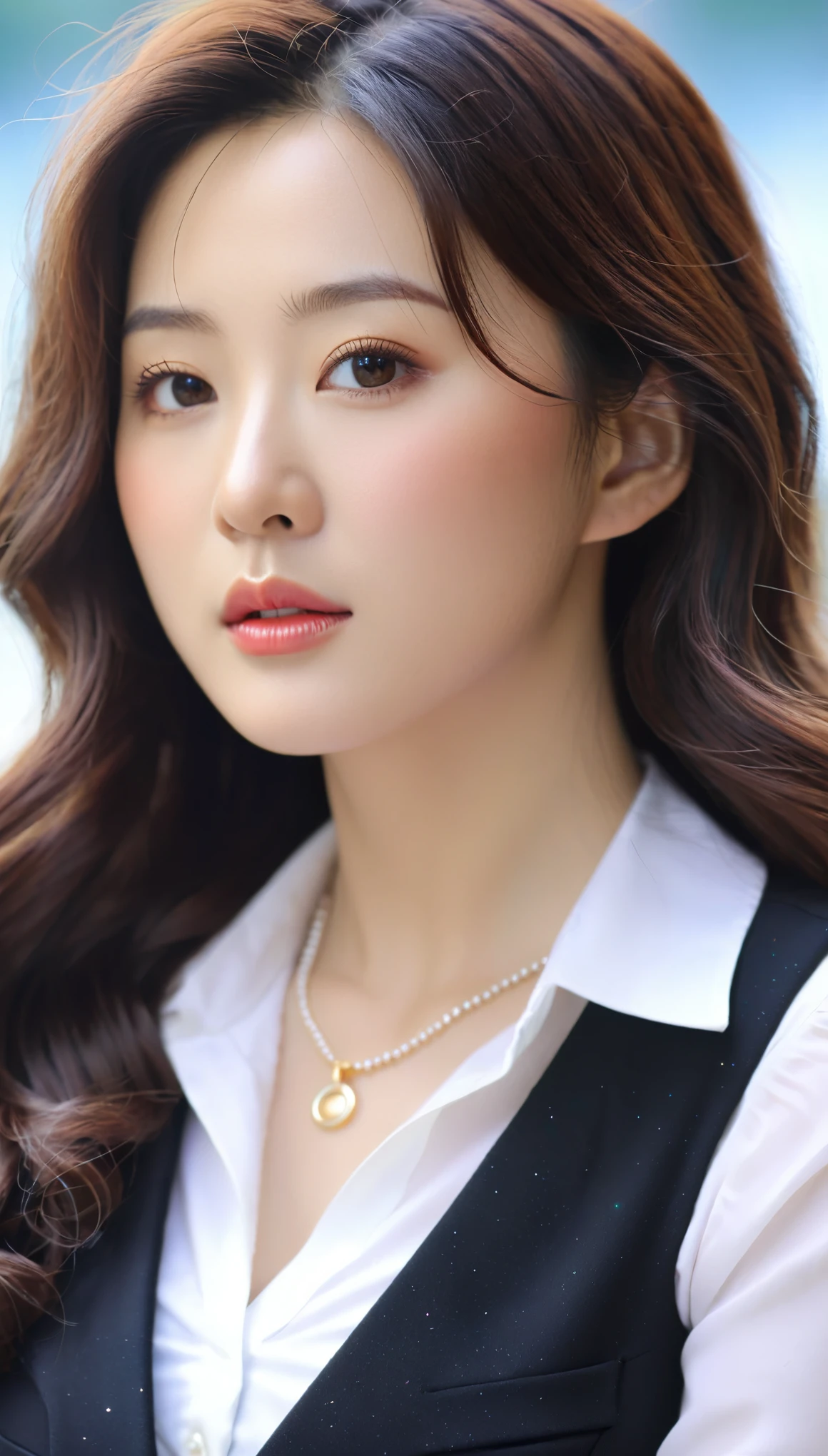 extreme close-up of beautiful beautiful korean female, 34 inch breasts size, wavy hair , wearing waistcoat, round necklace, bokeh background, UHD