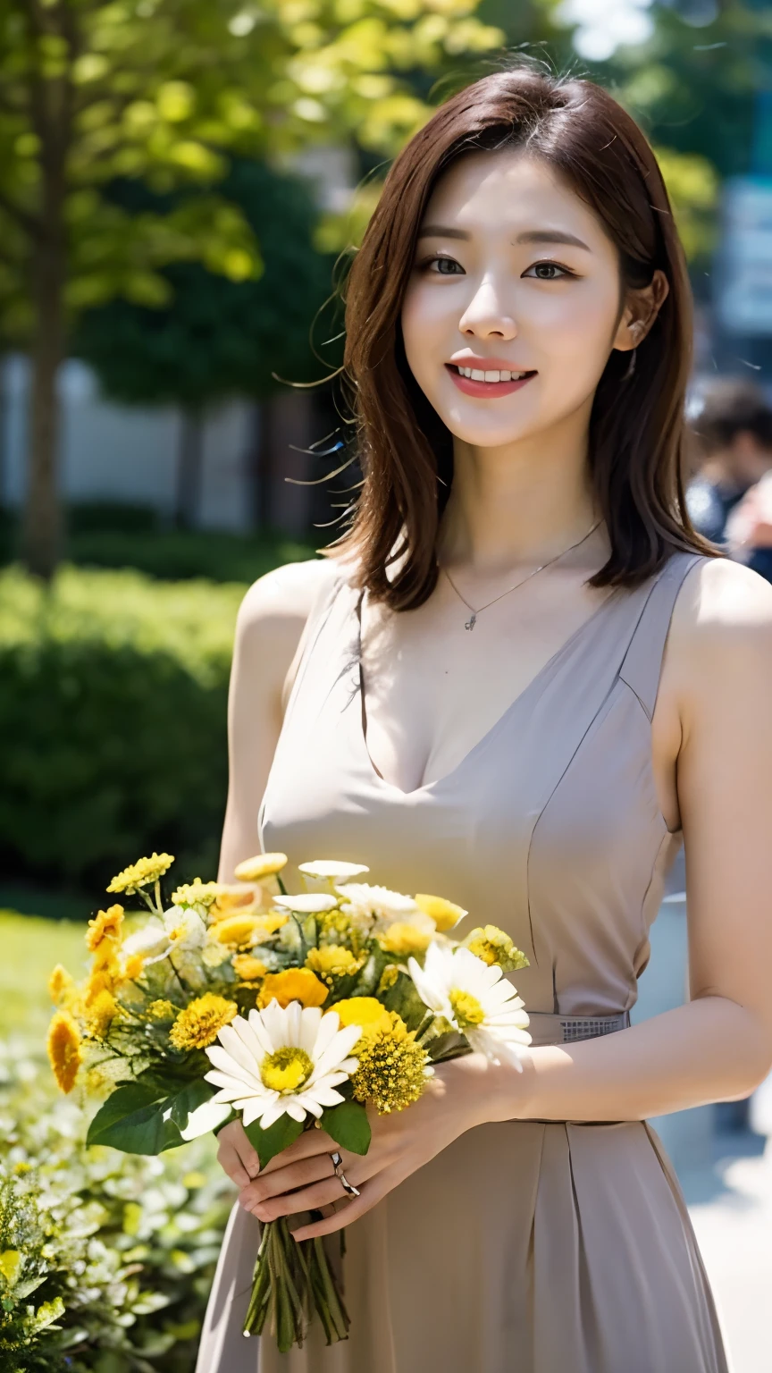 masterpiece, Highest quality, One Girl, Gray Hair, smile, View your audience, Adult, Fully mature, Holding flowers