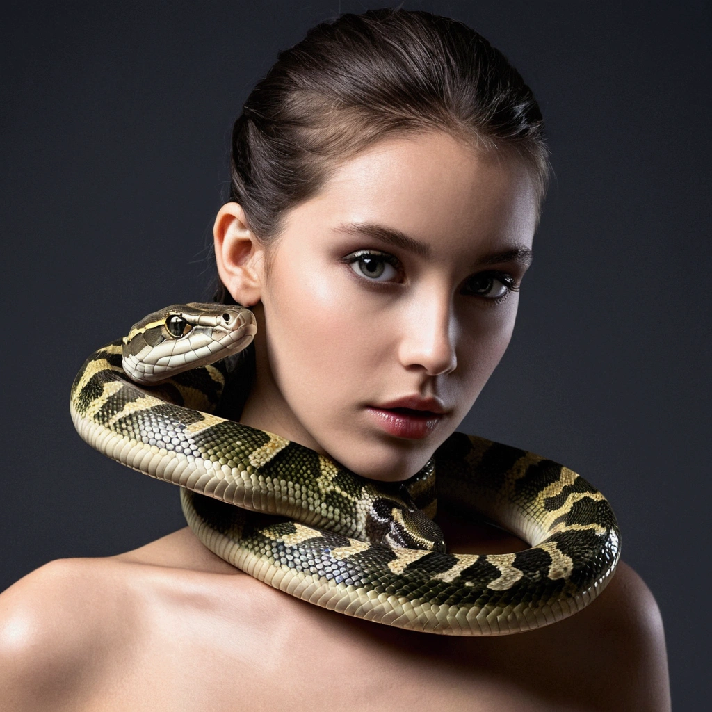 (Masterpiece), (Best quality), (Ultra detailed), 1girll,Model figure,Raised sexy,cute eyes,in a bikini, ((A large python,The big python wrapped around the girl))