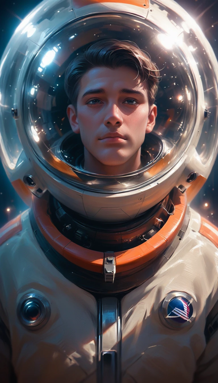 distant photo of the space station, astronaut in the foreground ,Astronaut on space station, epic and beautiful image, highy detailed, 8k, photorrealistic, dramatic lighting, stunning view of the land, bright lights on the space station, astronaut costume with intricate details, majestic stars in the background, volumetric cloud formations, rich colors and textures, film composition, inspiring scale, incredible attention to detail, work of art