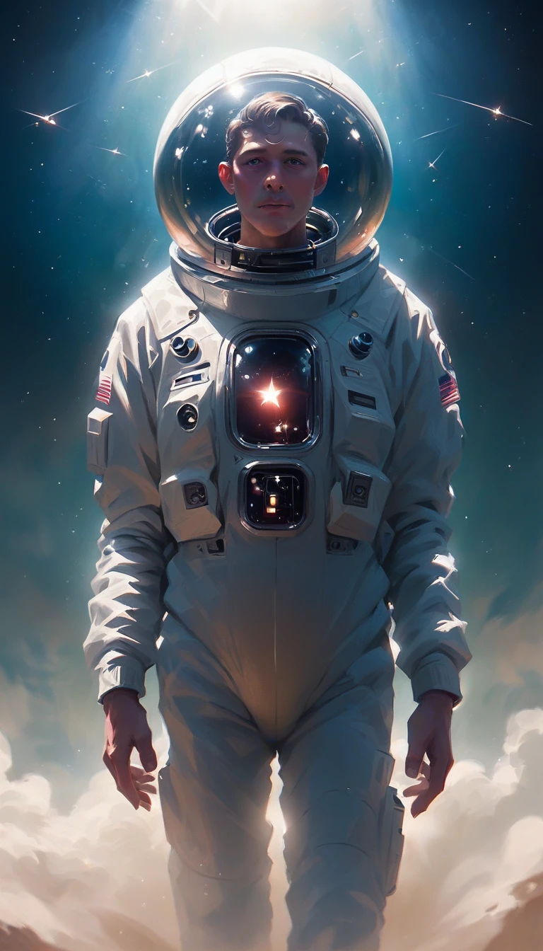 distant photo of the space station, astronaut in the foreground ,Astronaut on space station, epic and beautiful image, highy detailed, 8k, photorrealistic, dramatic lighting, stunning view of the land, bright lights on the space station, astronaut costume with intricate details, majestic stars in the background, volumetric cloud formations, rich colors and textures, film composition, inspiring scale, incredible attention to detail, work of art
