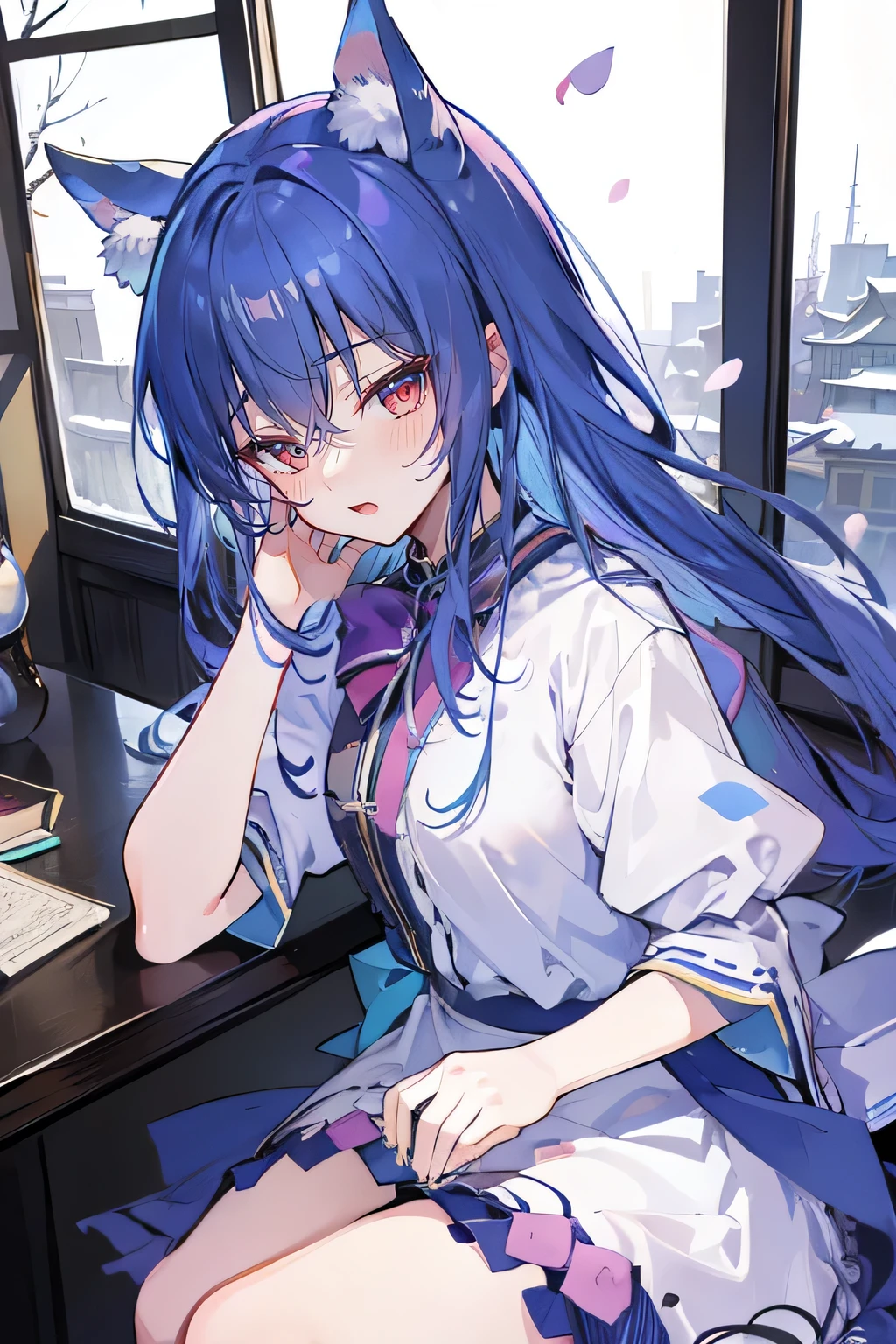 (Masterpiece:1.2),Ultra-detailed,lifelike,The eyes are expressive,Fair skin,Perfect face shape,1 girl,Japanese Manga,Gorgeous blue hair,Flowing blue hair,Flowing clothes,Cat ears,Petals falling,Smile,Tokyo background,background,heavy snow,winter.Highest quality,perfect face,sitting on window sill drinking coffee and looking out the window.