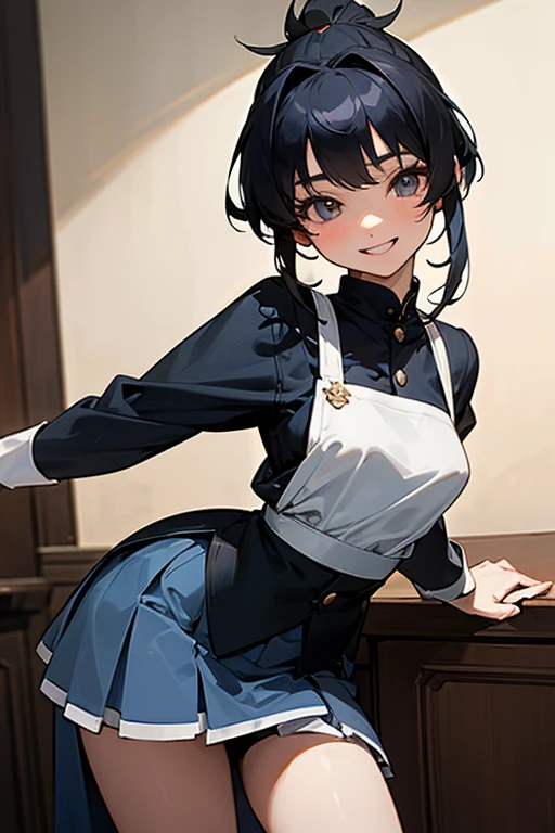 (Highest Resolution, clear_image) Highest quality, single, One Woman, alone, masterpiece, Very detailed, Semi-realistic, Black Hairのショートヘア, Black Hair, bangs, 18-year-old, mature, light blue uniform, uniform, Indoor Background, kind, Authoritative, Powerful, exquisite features, exquisite features、Eyelashes become longer、Showing teeth、smile😀、Maid clothes、ponytail、((mini skirt)).