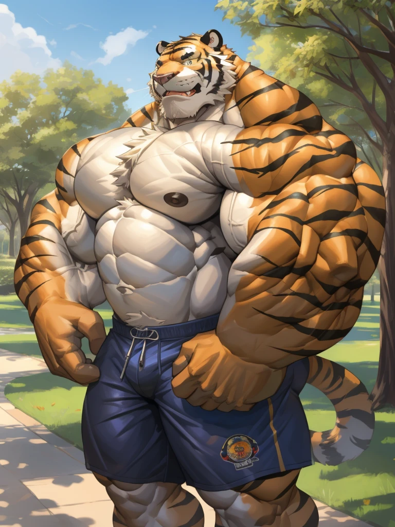 1boy, 1man, solo, (furry tiger), Park, extremely huge muscular, massive muscular , (topless, shirtless, shorts), well-muscled old man. ((extremely muscle size, super thick arms, huge pec, hyper pec, bigger chest, extremely wide pectoral , huge arms)), wide smiling. Add textures and details to make the image more realistic, such as the appearance of the. Make sure the resulting image is high resolution, 8K quality