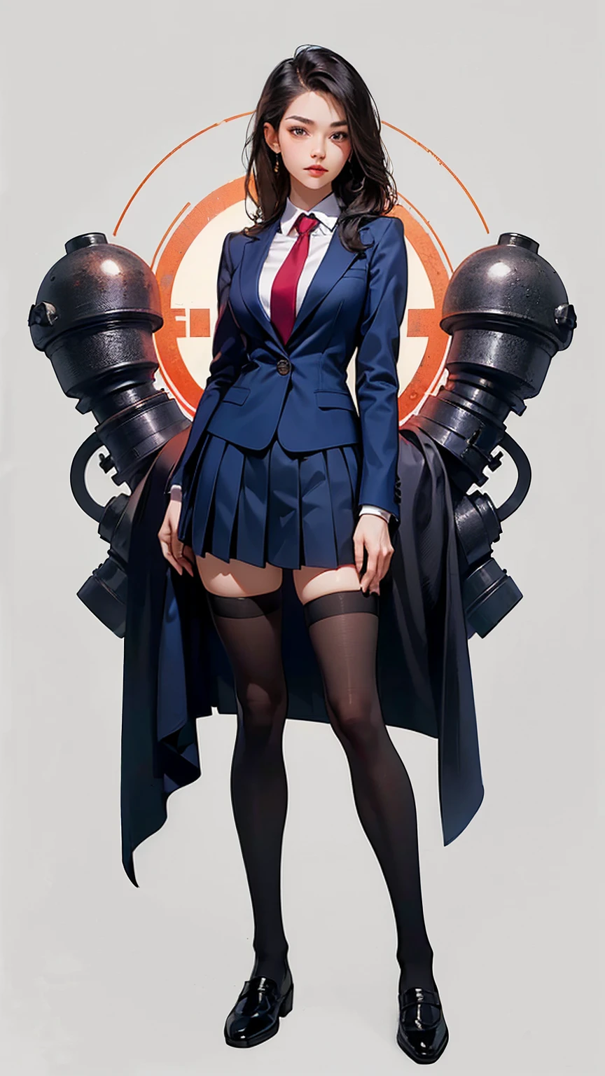 ((best quality,4k,highres,masterpiece:1.2)),((character concept art)), 1 female, age 18. Known for her youthful charm and unwavering determination, Her body language is as modest as her personality, always exuding a sense of innocence and resilience. ((She is dressed in a prestigious Tokyo high school uniform)), (((The uniform includes a tailored navy blazer with the school crest on the chest, a necktie, a white blouse with a Peter Pan collar underneath that compliment her natural E-cup breasts, a pleated maroon skirt that emphasizing her figure))). (((She enhances her look with Sheer black stockings and black leather oxford shoes))), carrying her ensemble with an air of subtle confidence. Her accessories are minimal, reflecting her simple lifestyle at this age. ((intricate detail)), super finely detailed hands, ultra finely detailed fingers(((ten fingers))), (standing confidently), (full body showcase), (show full body), (no logos on background), (no logo), ((plain background)), ((plain background)), (((empty background))).