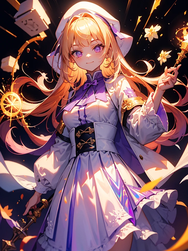 Highest quality,((Highest quality)),((Tabletop)),((Perfect Face)),1 girl.White and purple dress,White jacket,With a cane,Have a weapon,The flames flicker,Blonde,Purple eyes,smile,beauty,((Holographic))