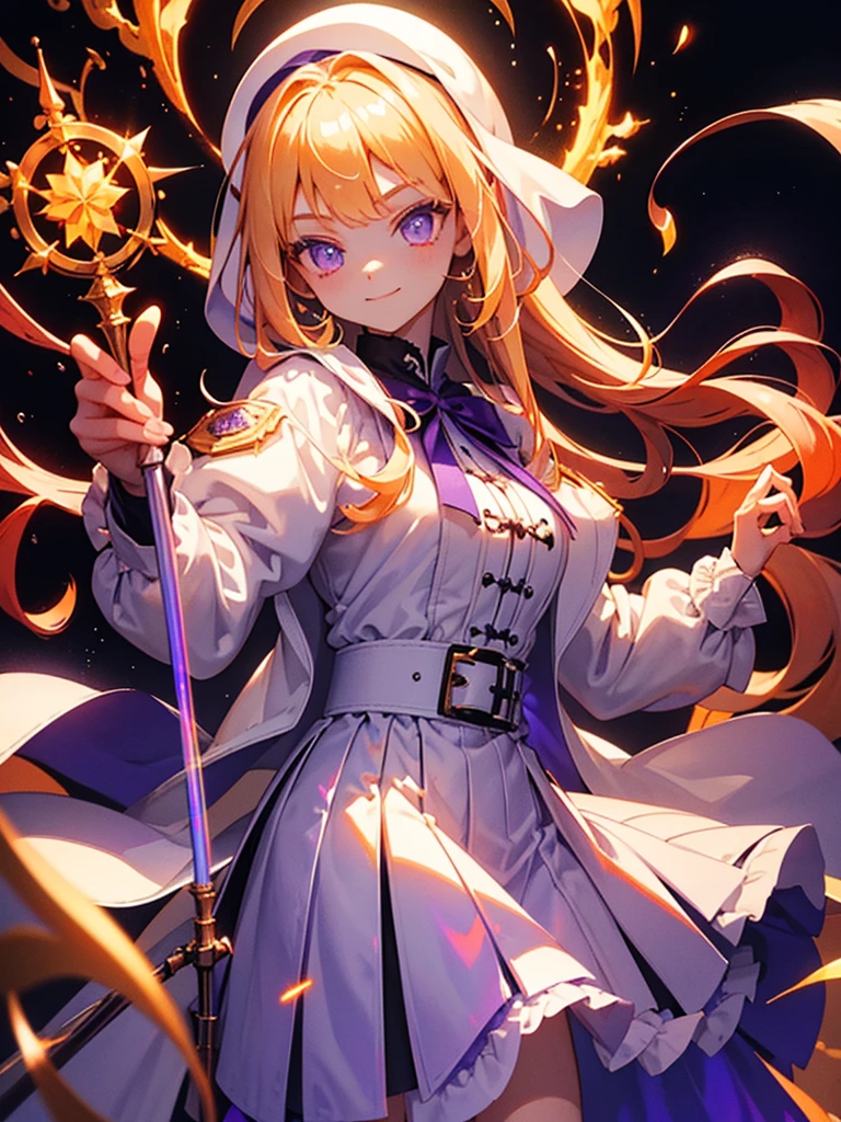 Highest quality,((Highest quality)),((Tabletop)),((Perfect Face)),1 girl.White and purple dress,White jacket,With a cane,Have a weapon,The flames flicker,Blonde,Purple eyes,smile,beauty,((Holographic))