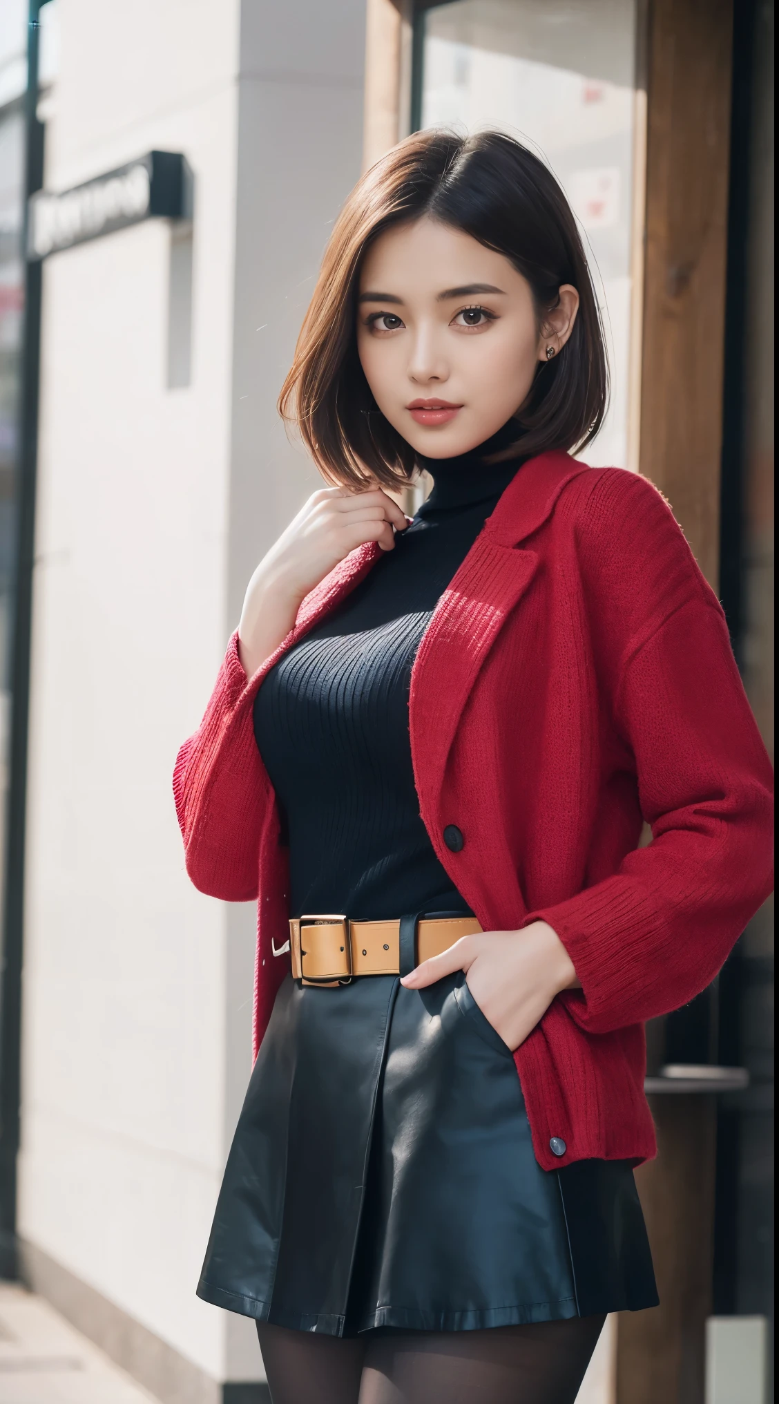 Beautiful girl standing in front of a store in a shopping mall,
(Surreal,High resolution, Very detailed:1.2), (8k), (Beautiful and beautiful eyes, Detailed face:1.2), (Highest quality), (Very detailed), (( masterpiece)),Highest quality,Very detailed,
Beautiful woman standing wearing a dark red checked single-breasted blazer ,break, White turtleneck sweater,
High-waisted flared jumper skirt、Blue belt included, (Ultra-realistic pantyhose), Full Body Shot、
Black medium bob, Beautiful and beautiful eyes, Cute Face, bust, Big Boss, Elegant and beautiful features, Captivating smile,
Age 25, mature, Realistic drawing art ,
1 female, (Whole Body Ezbian:1.2),(頭からbustへの画像スコープ),