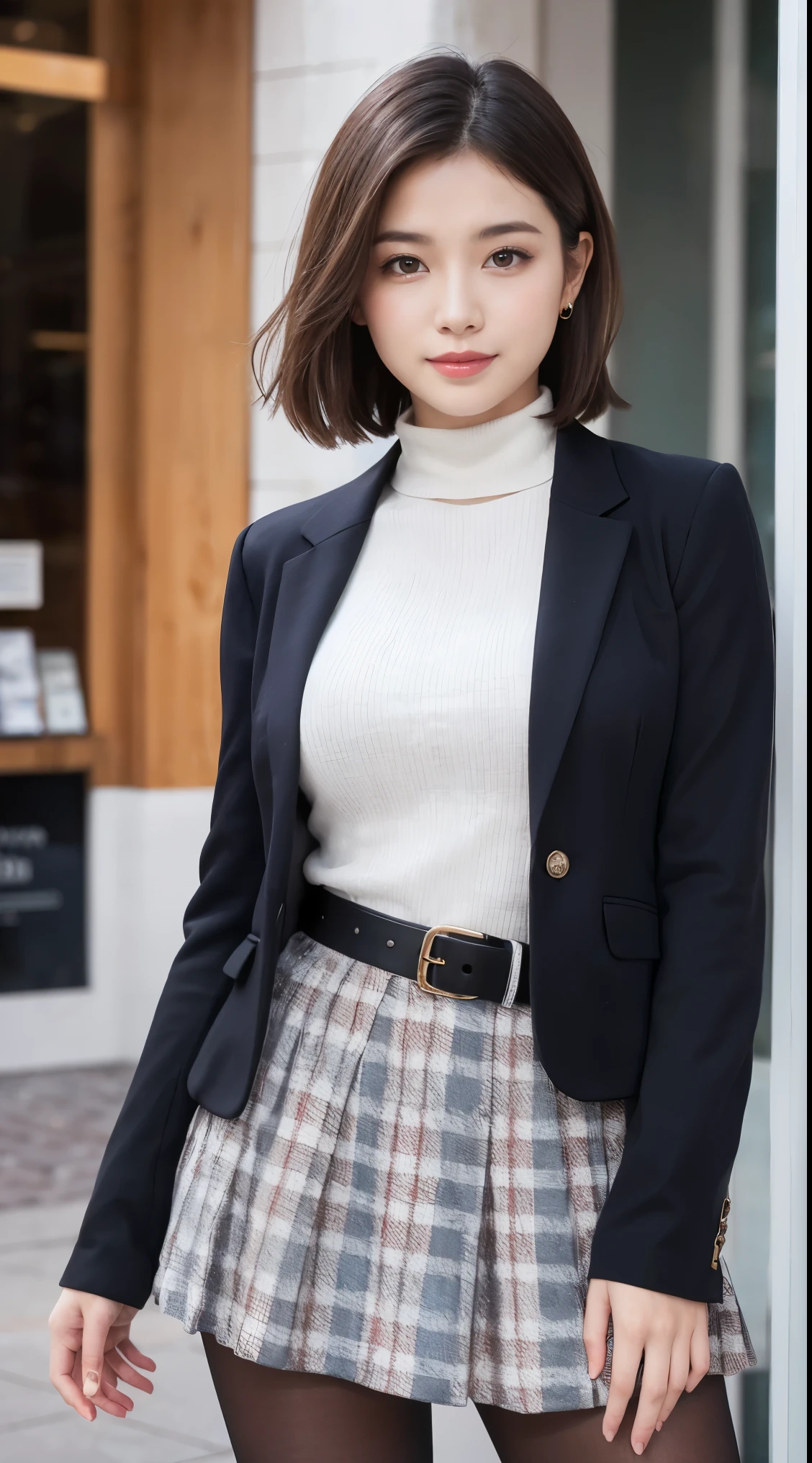 Beautiful girl standing in front of a store in a shopping mall,
(Surreal,High resolution, Very detailed:1.2), (8k), (Beautiful and beautiful eyes, Detailed face:1.2), (Highest quality), (Very detailed), (( masterpiece)),Highest quality,Very detailed,
Beautiful woman standing wearing a dark red checked single-breasted blazer ,break, White turtleneck sweater,
High-waisted flared jumper skirt、Blue belt included, (Ultra-realistic pantyhose), Full Body Shot、
Black medium bob, Beautiful and beautiful eyes, Cute Face, bust, Big Boss, Elegant and beautiful features, Captivating smile,
Age 25, mature, Realistic drawing art ,
1 female, (Whole Body Ezbian:1.2),(頭からbustへの画像スコープ),