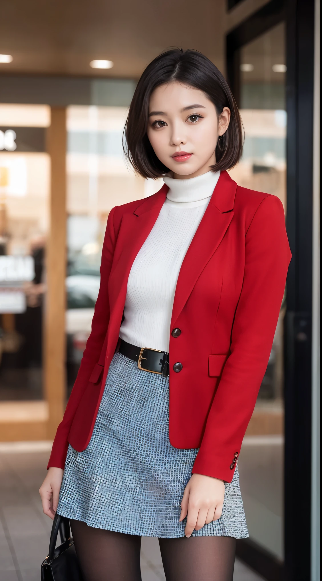 Beautiful girl standing in front of a store in a shopping mall,
(Surreal,High resolution, Very detailed:1.2), (8k), (Beautiful and beautiful eyes, Detailed face:1.2), (Highest quality), (Very detailed), (( masterpiece)),Highest quality,Very detailed,
Beautiful woman standing wearing a dark red checked single-breasted blazer ,break, White turtleneck sweater,
High-waisted flared jumper skirt、Blue belt included, (Ultra-realistic pantyhose), Full Body Shot、
Black medium bob, Beautiful and beautiful eyes, Cute Face, bust, Big Boss, Elegant and beautiful features, Captivating smile,
Age 25, mature, Realistic drawing art , 
1 female, (Whole Body Ezbian:1.2),(頭からbustへの画像スコープ),