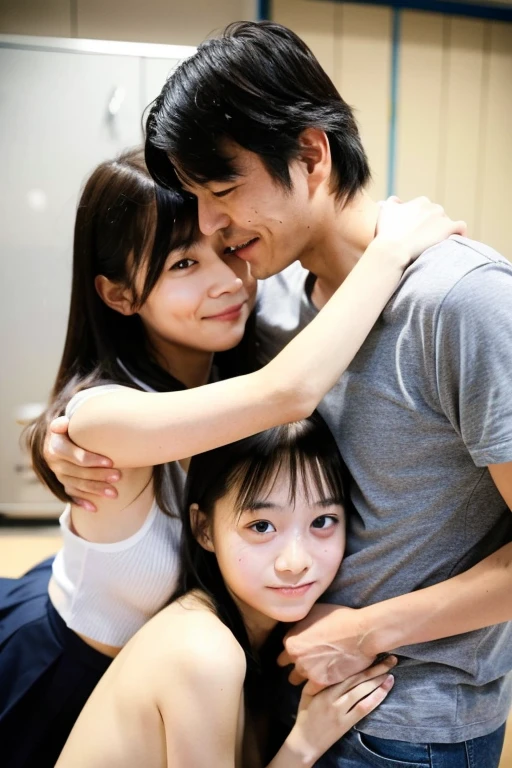 A middle-aged Japanese man is embraced by two cute Japanese junior high school girls.、男性と女性ニ人はGroup Sex, Completely naked, caressing a middle-aged man'penis、Group Sexしている、They are pure and elegant..、They lick each other、Caught in confusion、On the bed、Mr...々Hairstyle、Squat、Lying down、Embrace each other、Sticking out tongue、Stylish bedroom、Group Sex、Getting a blowjob、They caress the man's crotch、Completely naked、While lying in bed、nude、No underwear、No bra、Small breasts、Small undeveloped breasts、On the bedGroup Sexしています、彼女達はCompletely naked座って開脚しています