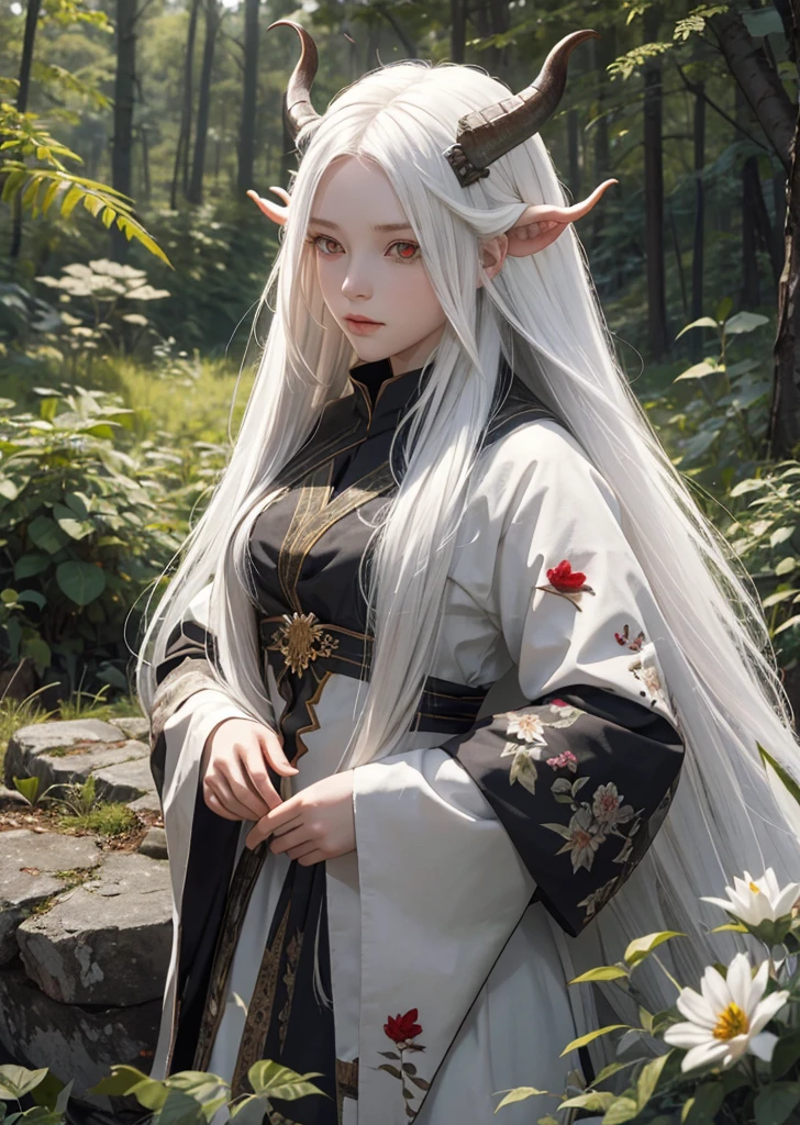 field, 1girl, white_hair, long_hair, red_eyes, very_long_hair, horns, forest, rocks, solo, solo_focus, night, butterflies, flowers, leaves, highly detailed, detailed background