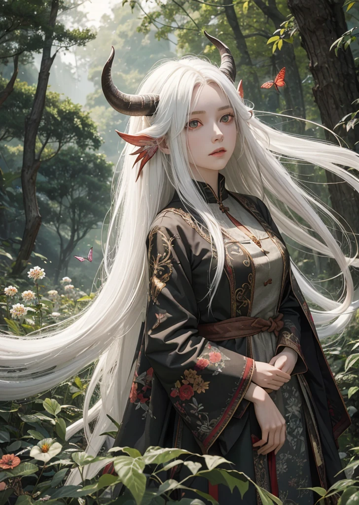 field, 1girl, white_hair, long_hair, red_eyes, very_long_hair, horns, forest, rocks, solo, solo_focus, night, butterflies, flowers, leaves, highly detailed, detailed background