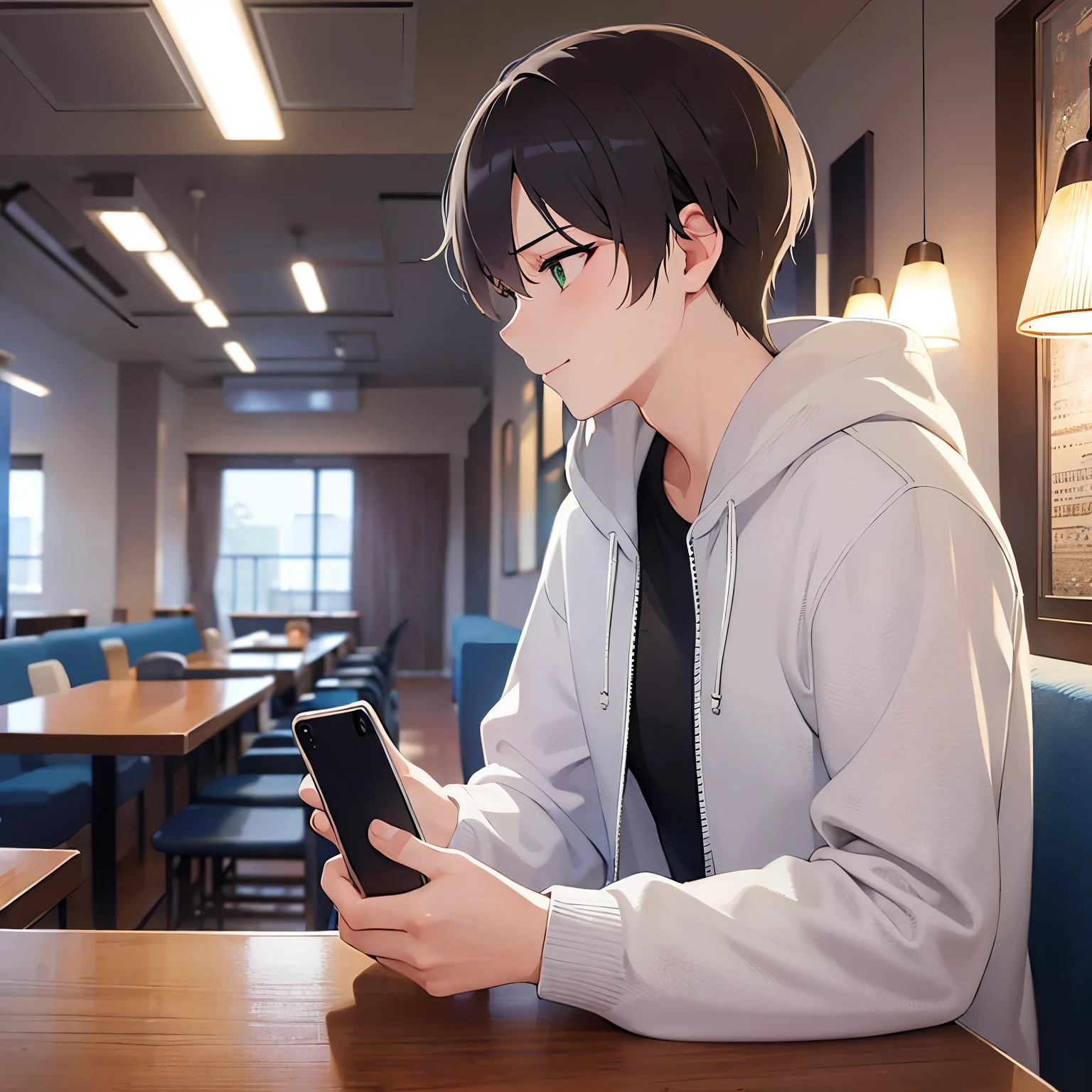(looking away:1.5),upper body,Side shot、(handling_smart_phone, smart_phone:1.2)、 masterpiece、Highest quality、BREAK (25-year-old male:1.5) and (Mahogany brown short hair) and (Green Eyes) BREAK, black hoodie, smile,Inside the restaurant at night、(alone:1.5)