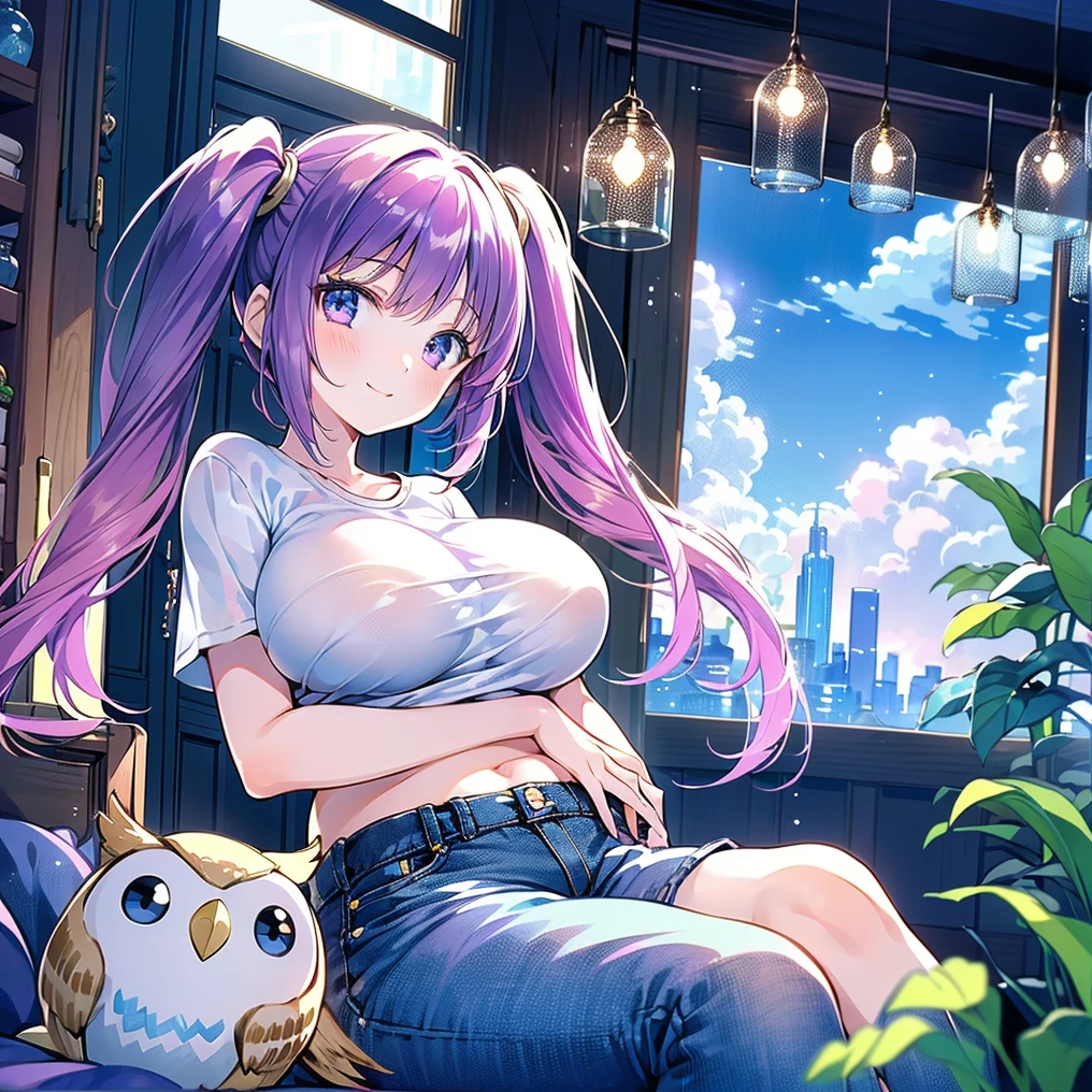 (masterpiece), (HDR), absurdres, (best quality), (ultra high quality), (hi-res), (1girl), (lavender eyes), beautiful detailed eyes, teen, (dark purple hair), bangs, short side locks, (((big thick twintails))), (long straight hair), (((two gold hair ties))), (t-shirt), jeans, (medium breast), (happy expression), smile, (looking at viewer), sitting on bed, in a girl's bedroom, stuffed animals, alien stuffed animals, owl stuffed animals, daytime, sunlight on face, noon, bright sun, comfy