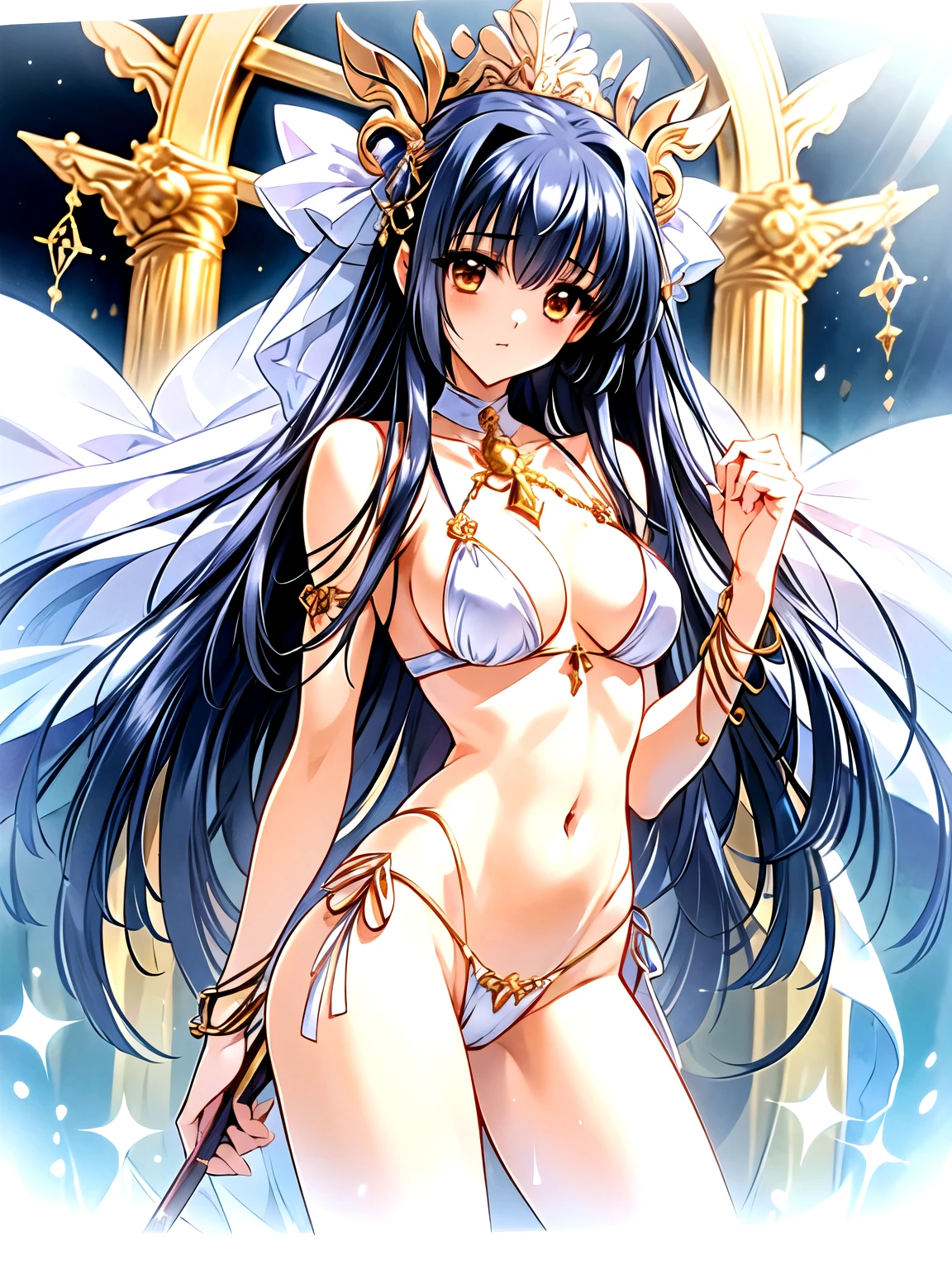 (crystal artifact), (metallic accessory), (erotic priestess), (white bikini)(gold rim), (thin thong)(narrow thong)sharp(highleg), narrow constricted waist, bellybutton, narrow hips, fantasy, mythical altar, (stone sculpture)encrypting