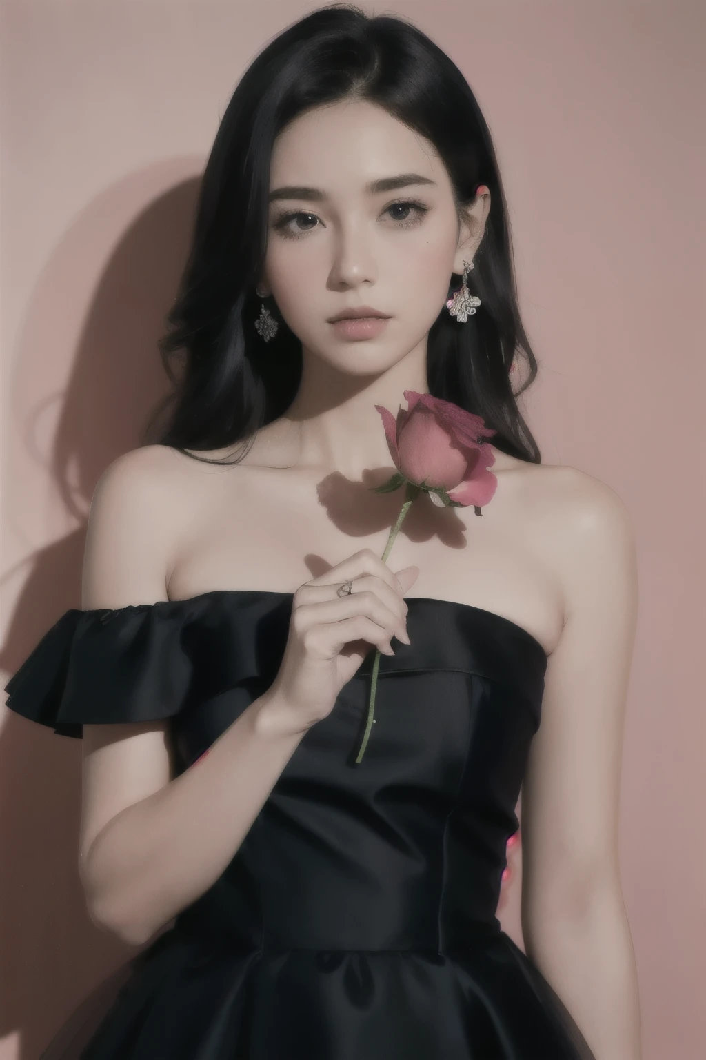 1 woman,alone,flower,dress,black dress,black hair,possession,strapless,bare shoulders,possession flower,rose,watermark,strapless dress,chapped lips,earring,pink flower,bijouterie,dark,artist name,bare arms,web address,