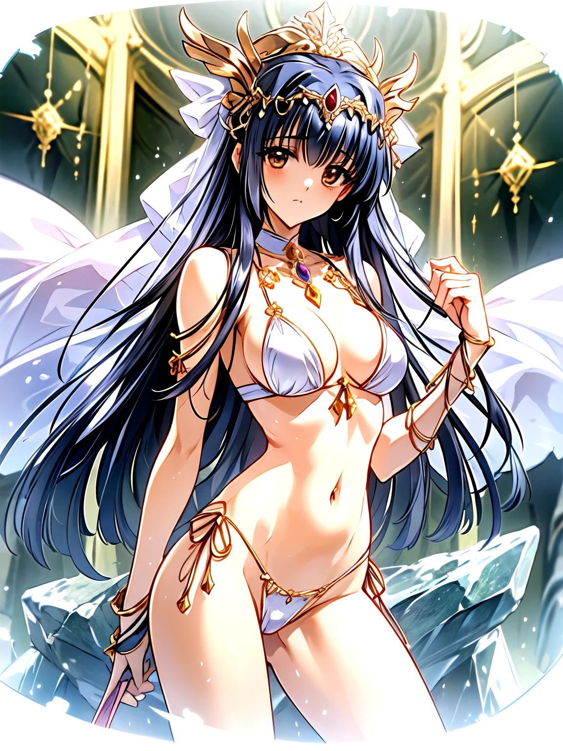 (crystal artifact), (metallic accessory), (erotic priestess), (white bikini)(gold rim), (thin thong)(narrow thong)sharp(highleg), narrow constricted waist, bellybutton, narrow hips, fantasy, mythical altar, (stone sculpture)encrypting