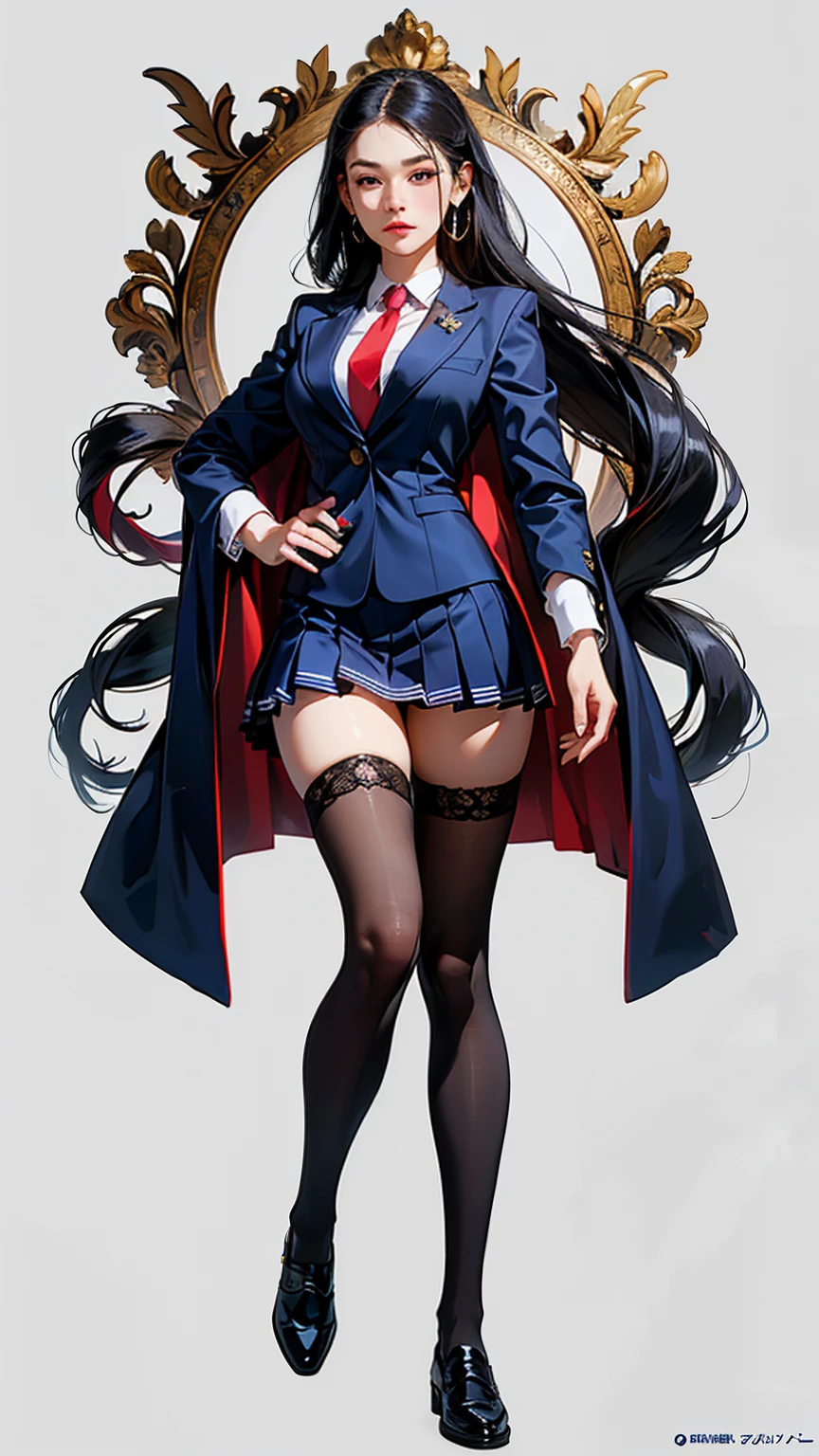 ((best quality,4k,highres,masterpiece:1.2)),((character concept art)), 1 female, age 18. Known for her youthful charm and unwavering determination, Her body language is as modest as her personality, always exuding a sense of innocence and resilience. ((She is dressed in a prestigious Tokyo high school uniform)), (((The uniform includes a tailored navy blazer with the school crest on the chest, a necktie, a white blouse with a Peter Pan collar underneath that compliment her natural E-cup breasts, a pleated maroon skirt that emphasizing her figure))). (((She enhances her look with Sheer black stockings and black leather oxford shoes))), carrying her ensemble with an air of subtle confidence. Her accessories are minimal, reflecting her simple lifestyle at this age. ((intricate detail)), super finely detailed hands, ultra finely detailed fingers(((ten fingers))), (standing confidently), (full body showcase), (show full body), (no logos on background), (no logo), ((plain background)), ((plain background)), (((empty background))).
