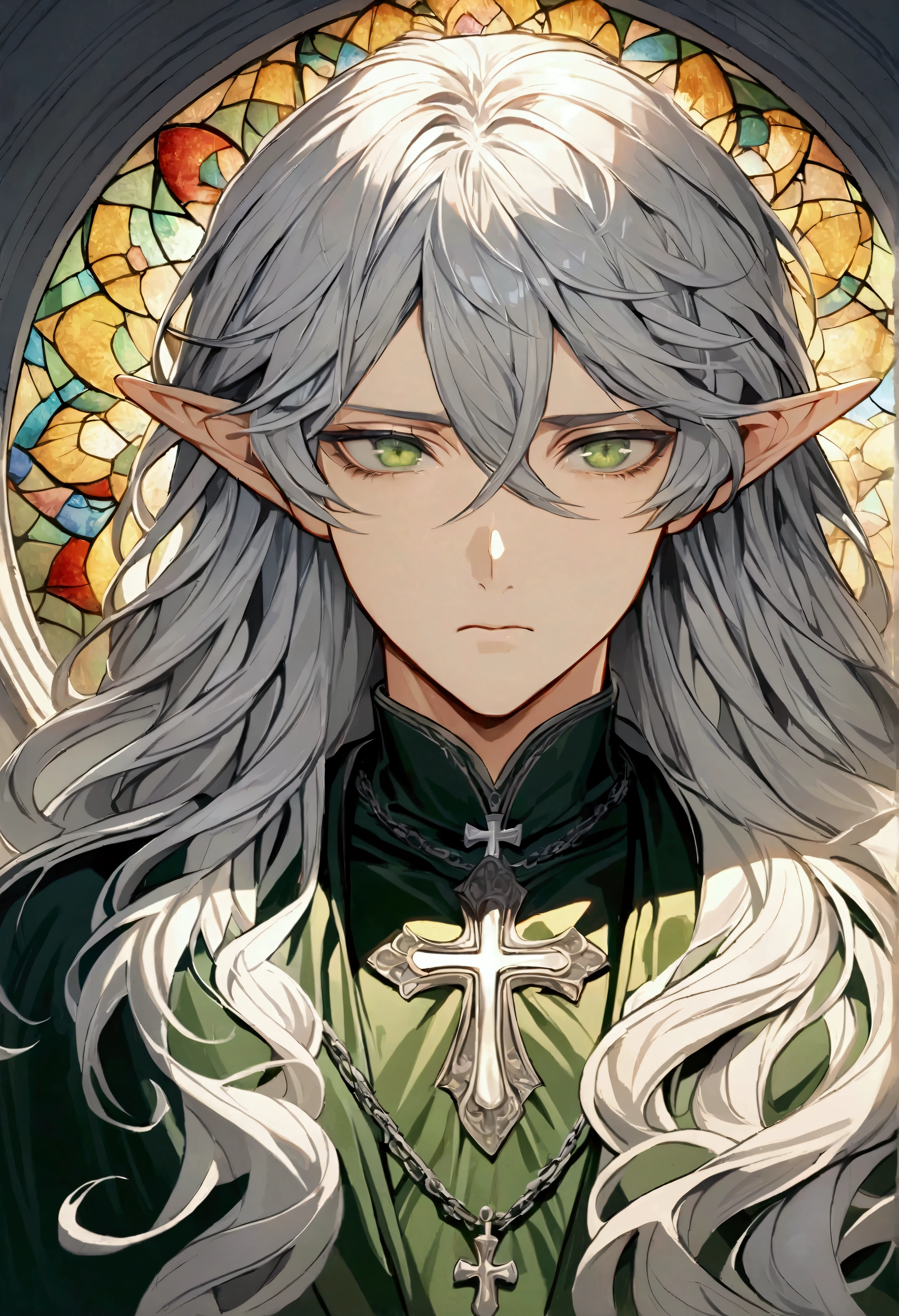 male, curtained hair, silver hair, shiny hair, absurdly long hair, halo, Light green eyes, A look of pity, dropping eyes, Elf ears, Divine, Dark green godfather robe, Silver cross necklace, Church stained glass window, Colored windows, Painting on the stained glass window, Gothic art, Classicism, photomosaic, Colored windows, symmetry, UHD, anatomically correct, super detail