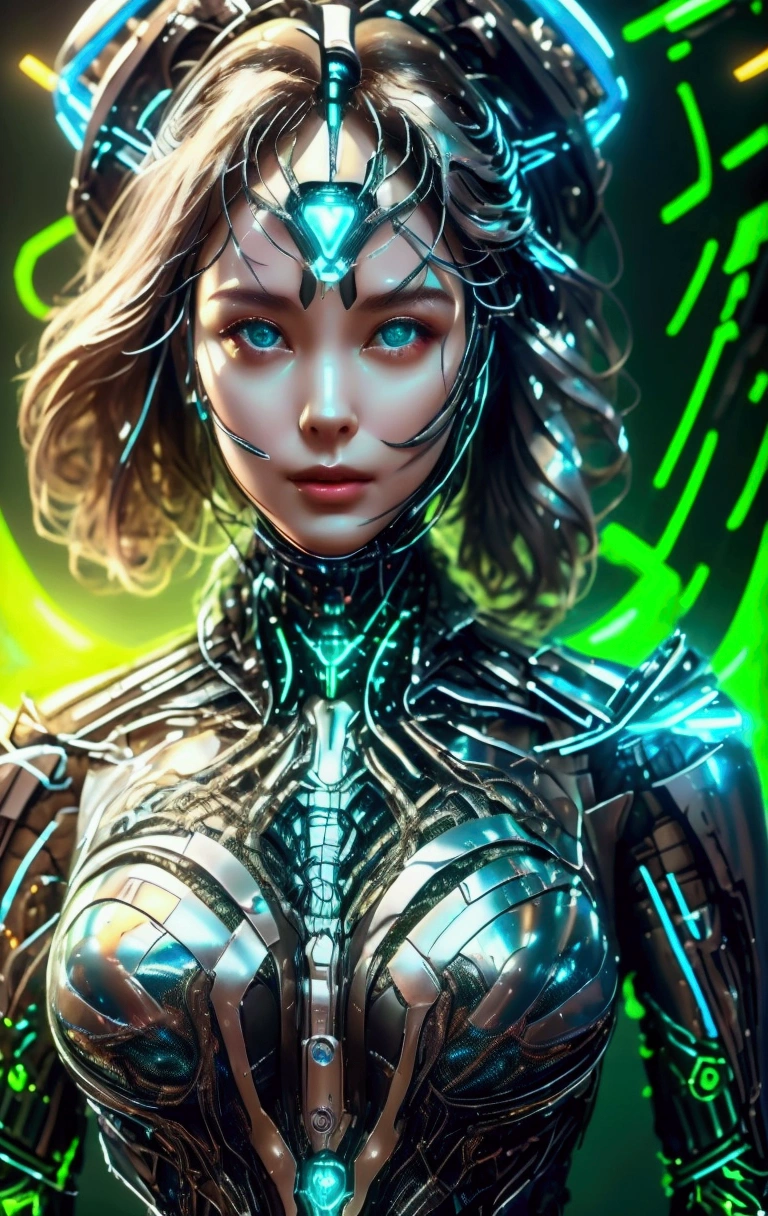 Create beautiful images, Intelligent AI influencer with long brown hair and captivating green cat eyes. She is a modern, Futuristic Environment, He is surrounded by digital screens displaying flowing code and neural networks.. The setting needs to look sleek and high-tech, A blend of blue and silver tones for a cool look, Experience advanced technology. Influencers need to look attractive and friendly, The robot appears to be explaining the concept of AI to the audience.. Style、It should be realistic with hints of CGI to emphasize the AI theme.。, It makes it clear that she is part of this technologically advanced world.