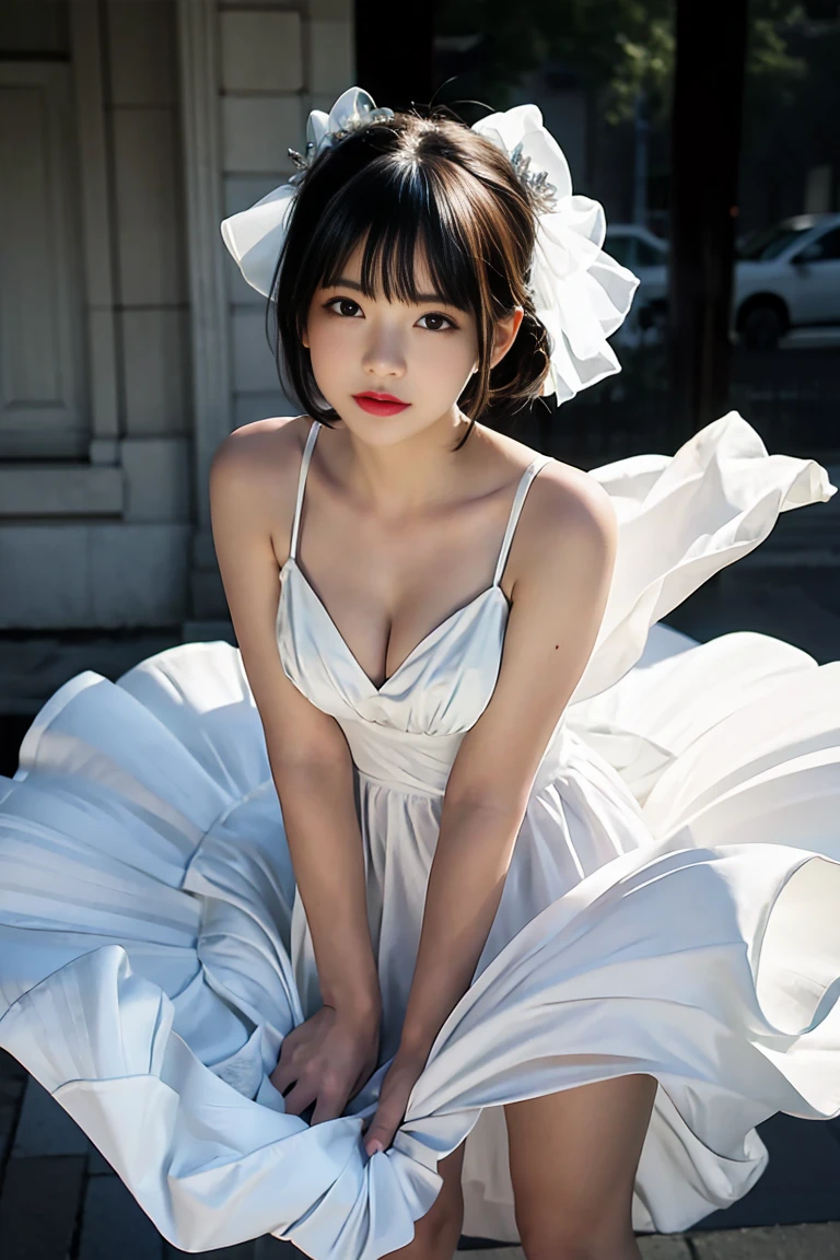 (masterpiece), (Highest quality), photograph, One girl, White Dress, marilyntug, Pulling on the dress