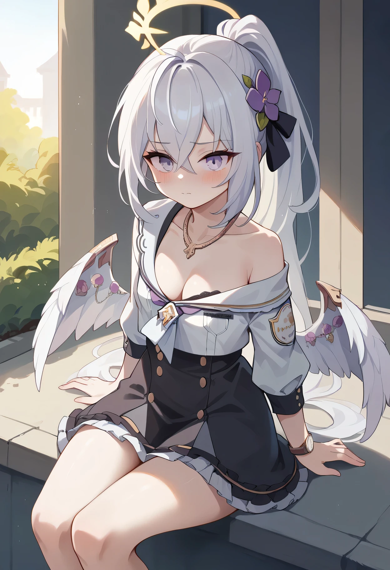 azusa_blue_archive,tied by rope, short skirt,wings,absurdres,Yellow_halo,white_hair,blush,cleavage,closed_mouth,halo,small_breasts,off_shoulder,thighs,white_shirt,best quality,purple eyes,soft light that accentuates her innocent wide eyes,soft shadows ,outside in the light of the Afternoon sun, gold watch, masterpiece, best quality, absurd"
