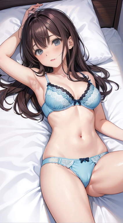 Highest quality、Bedroom、Girl lying on bed in underwear、Kamimei Sexy bra in light blue Lace panties、Before Sex、whole body、Shyness Long dark brown hair Big ample breasts Poses that accentuate the chest cute White shirt
