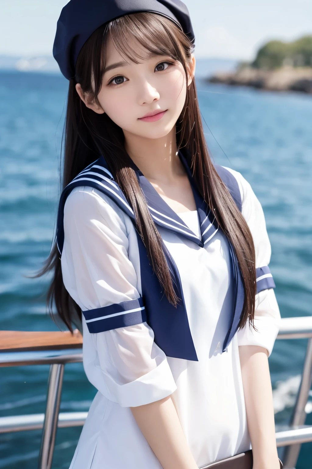 Sailor suit with armband、Long silver hair、Modest-chested beautiful girl