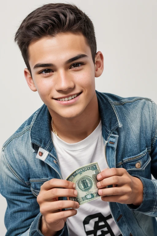 Generate a high-resolution, detailed image of a boy around the age of 18 - 30 holding dollar currency and looking excited with it, set against a white background.