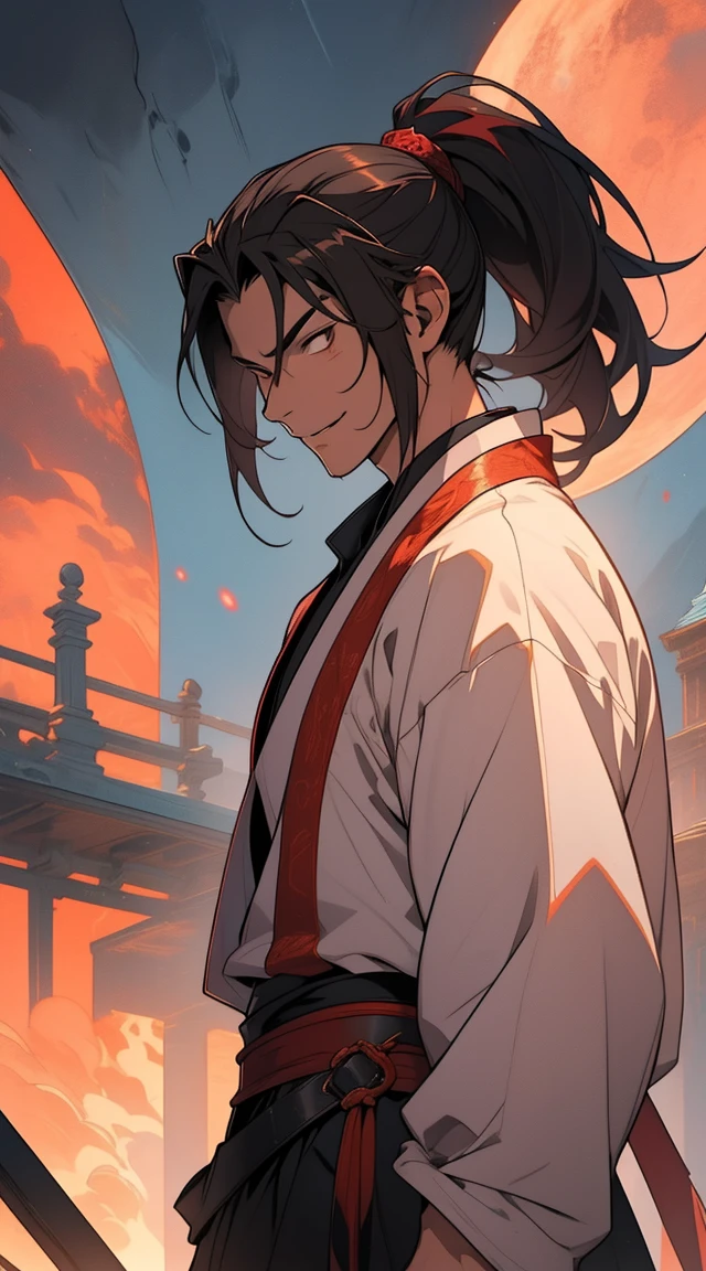 under a blood-red moon, Fearless Smile, Two dimensions,anime style,one person(male warrior),proportions are correct,facial details,swordsman,high ponytail hairstyle,neck detail,Have an Adam's apple,red robe,joke,Red robe,clothing details,Handing over,long sleeves(arm guards、Armour、pauldron),Game quality,fencing,Ray tracing,Ray tracing,Detailed glow,CG rendering,hair details,long red hair,red eyes,Handsome,Handsome,(Youthful feeling),Clothing is complicated,Perfect composition,refine,high quality,higher detailany detail,a sense of atmosphere,