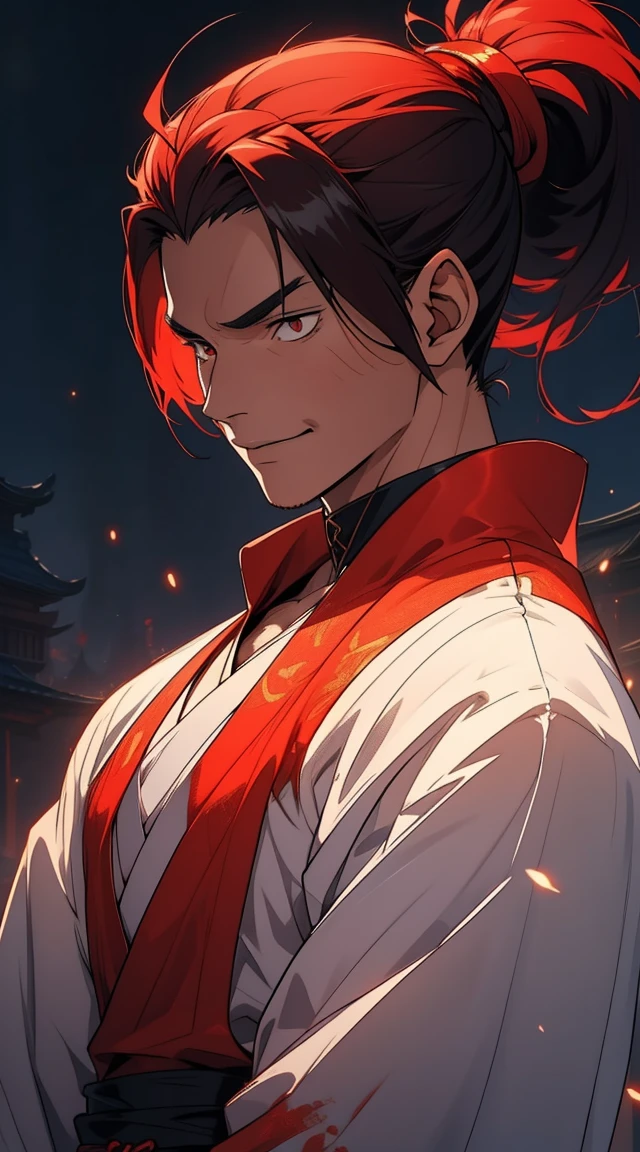 under a blood-red moon, Fearless Smile, Two dimensions,anime style,one person(male warrior),proportions are correct,facial details,swordsman,high ponytail hairstyle,neck detail,Have an Adam's apple,red robe,joke,Red robe,clothing details,Handing over,long sleeves(arm guards、Armour、pauldron),Game quality,fencing,Ray tracing,Ray tracing,Detailed glow,CG rendering,hair details,long red hair,red eyes,Handsome,Handsome,(Youthful feeling),Clothing is complicated,Perfect composition,refine,high quality,higher detailany detail,a sense of atmosphere,