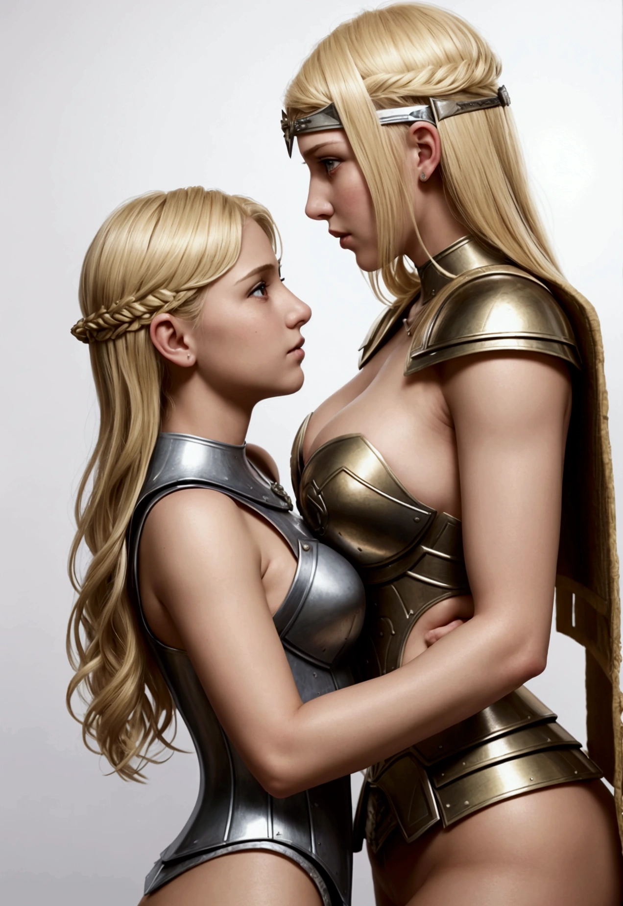 mother and daughter portrait break: mature woman, roman warrior, queens blade , middle age, blonde, detailed face, curvy body, fighter position, break:  girl, roman warrior, princess blade , 13 yenager girl, small breasts, mini cropped, valkyrian princess ,blonde, detailed face, beautiful, confiant, background in uk land with flowers, soft lesbians, soft kiss