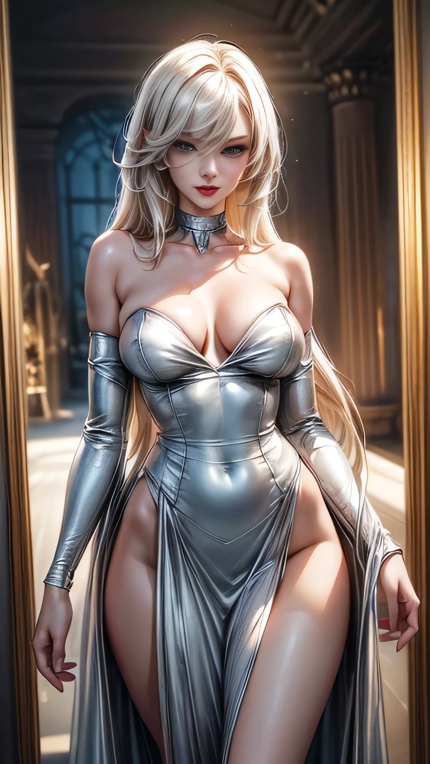 ((tall, beautiful, gorgeous actress milla jovovich)) ((seductive gaze)) ((cute smile, smile happy, smile)) ((blue eyes)), ((dark eyeshadows make up)) ((red lips)) ((very long straight platinum blonde hair)) ((beauty breast)) ((skinny body:1.3)) ((wear long white strapless dress)) ((standing front and admiring a goddess statue inside art museum)) (()) ((high definition:1.5), ((masterpiece:1.5))((8k:1.5)) ((Best quality:1.4)), more_details:-1, more_details:0, more_details:0.5, more_details:1, more_details:1.5,