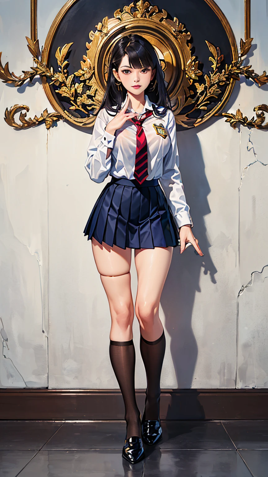 ((best quality,4k,highres,masterpiece:1.2)),((character concept art)), 1 female, age 18. Known for her youthful charm and unwavering determination, Her body language is as modest as her personality, always exuding a sense of innocence and resilience. ((She is dressed in a prestigious Tokyo high school uniform)), (((The uniform includes a tailored navy blazer with the school crest on the chest, a necktie, a white blouse with a Peter Pan collar underneath that compliment her natural E-cup breasts, a pleated maroon skirt that emphasizing her figure))). (((She enhances her look with Sheer black stockings and black leather oxford shoes))), carrying her ensemble with an air of subtle confidence. Her accessories are minimal, reflecting her simple lifestyle at this age. ((intricate detail)), super finely detailed hands, ultra finely detailed fingers(((ten fingers))), (standing confidently), (full body showcase), (show full body), (no logos on background), (no logo), ((plain background)), ((plain background)), (((empty background))).