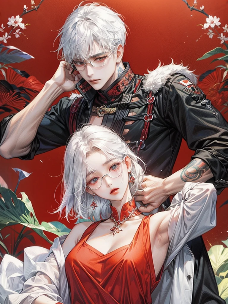 Create a cover design for a Korean style novel. Male and female couples embrace from behind. Twins and couples with tattoos, good figure, wearing glasses, tanned skin, red background, night, shirtless, white hair, wearing jewelry.