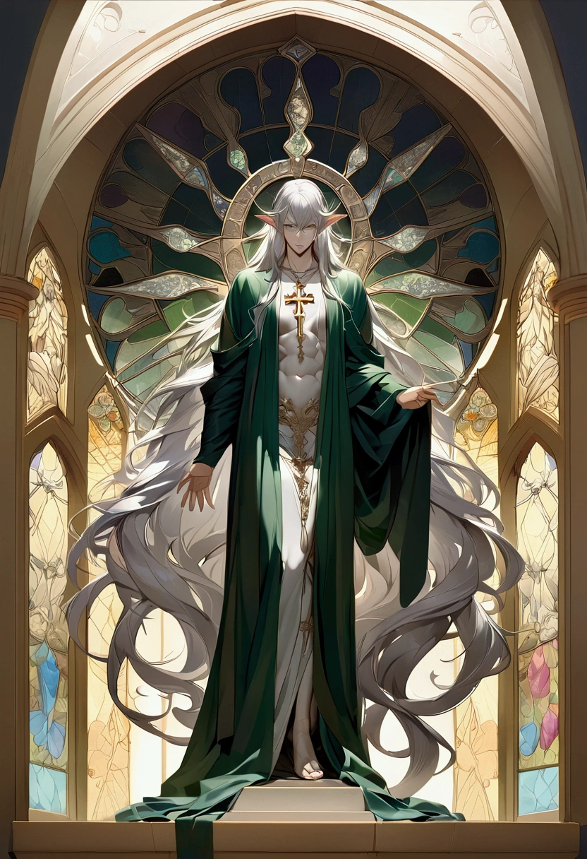 male, curtained hair, silver hair, shiny hair, absurdly long hair, halo, Light green eyes, A look of pity, dropping eyes, Elf ears, Divine, Dark green godfather robe, Silver cross necklace, Church stained glass window, Colored windows, Painting on the stained glass window, Colored windows, curtained hair, silver hair, shiny hair, absurdly long hair, halo, Full-length statue, Gothic art, Classicism, photomosaic, symmetry, Neoclassicism, Gothic art, Classicism, photomosaic, photomosaic, UHD, anatomically correct, super detail, UHD, anatomically correct, super detail, textured skin, textured skin