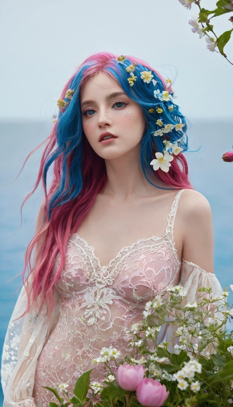 ( absurd , high quality , Extremely detailed, careful hand )Constellation - Cancer Goddess , Similar to Latin goodness , clever, cunning, reasonable, strong-willed face , Mature , tenacious, Moody, Irritability, Sexual style ,  Ocean blue eyes(Eye details), Long hair , Dark pink hair , Transparent dress , Lace underwear, In a sea of blooming flowers  , whole body , Innocent Makeup ,