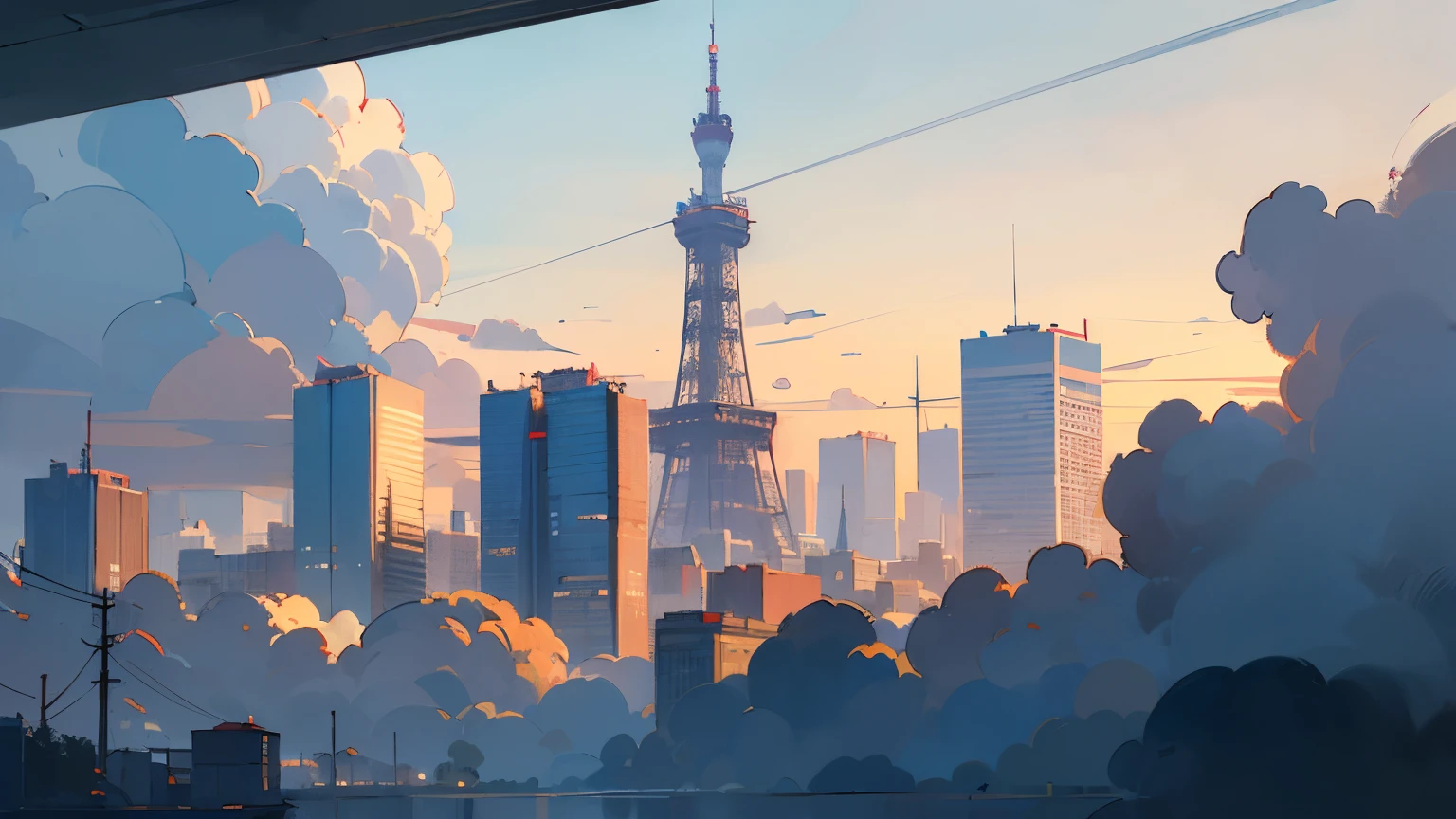((best quality)), ((masterpiece)), (detailed), The city of Tokyo, the Sky Tree can be seen in the distance, a city shrouded in dark clouds,shrouded in darkness