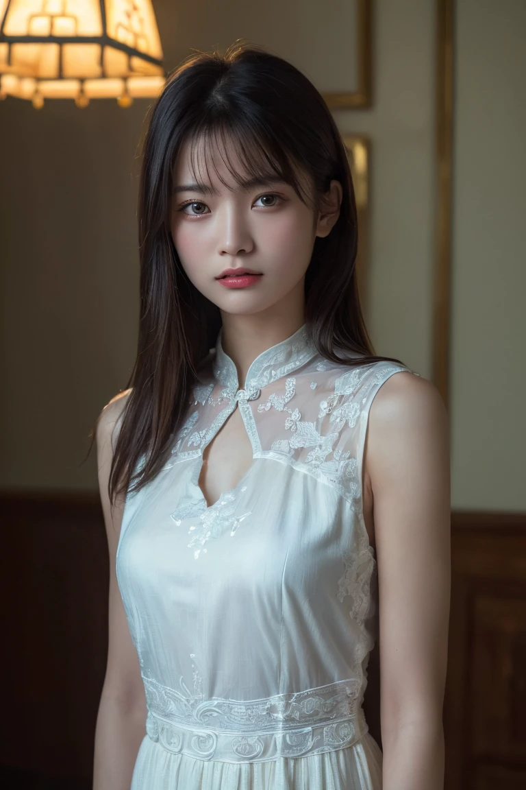 (Highest quality:1.4),(masterpiece:1.4),(Realistic:1.4),(Realistic:1.2),(超High resolution, RAW Photos:1.4),(High resolution, Very detailed:1.2),(8k:1.2),Movie Photos,a photo of a dark-haired,One Girl,alone,wear ,((China dress))、((Upper Body:1.3))