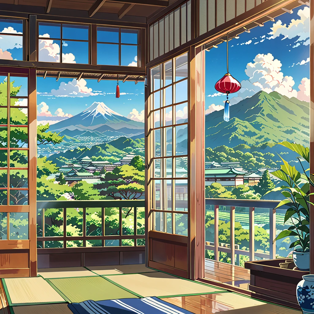 score_9, score_8_up, score_7_up, zPDXL,Shinkaistyle, no humans, Best Quality, high res, Illustration, anime background image only, hot summer day, inside a traditional Japanese room, green mountain view from verandah, blue sky with cumulonimbus cloud, glass wind chime under the eaves,