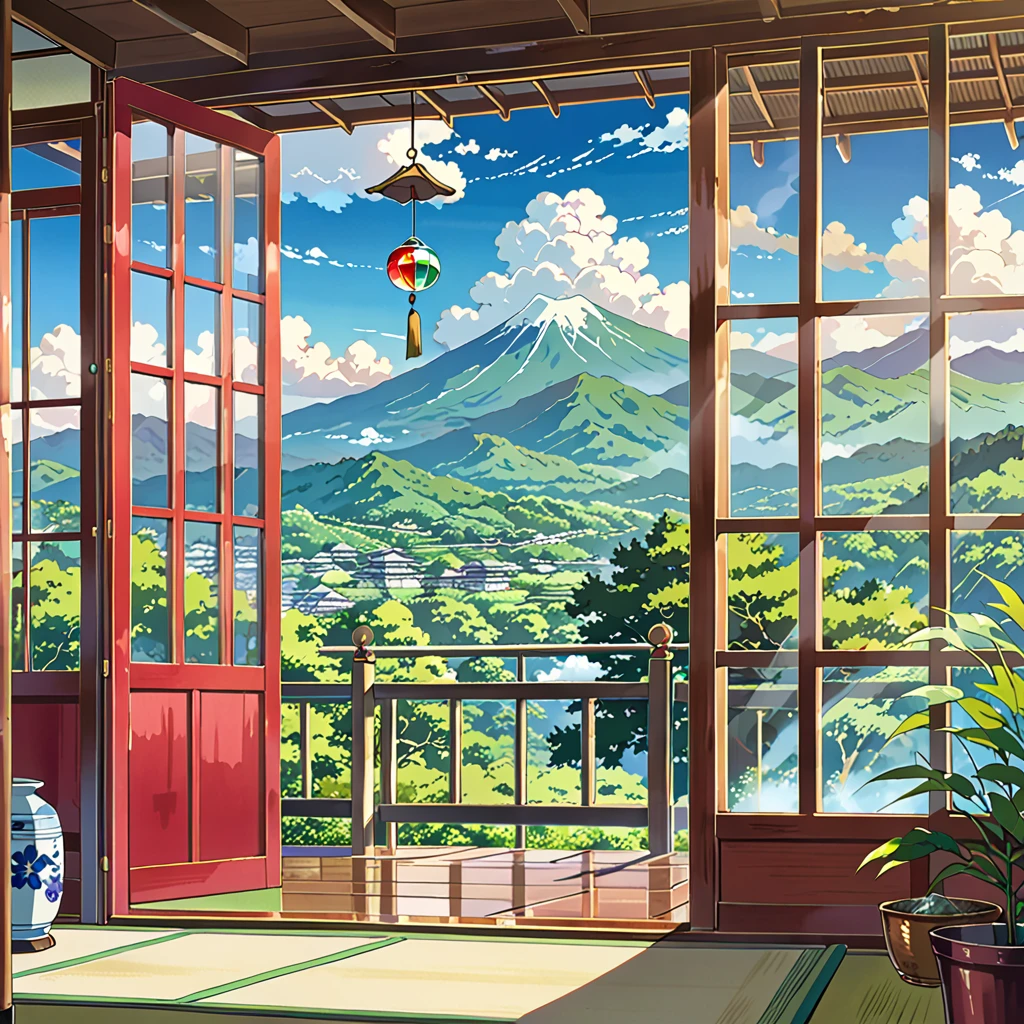 score_9, score_8_up, score_7_up, zPDXL,Shinkaistyle, no humans, Best Quality, high res, Illustration, anime background image only, hot summer day, inside a traditional Japanese room, green mountain view from verandah, blue sky with cumulonimbus cloud, glass wind chime under the eaves,