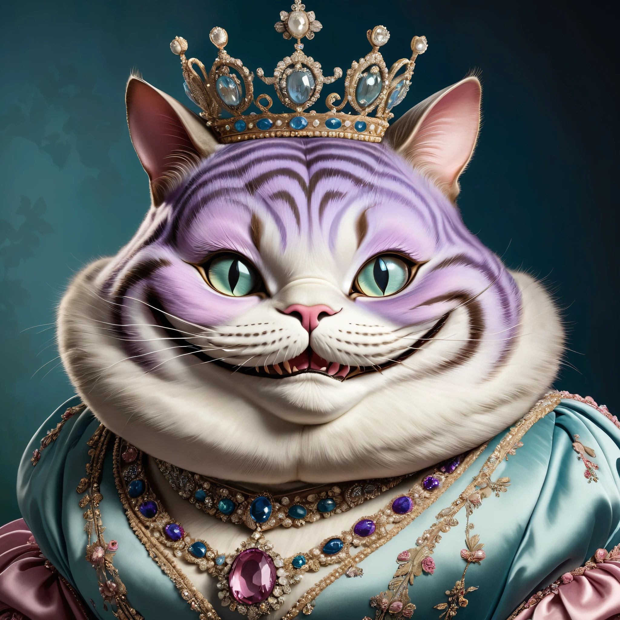 photorealistic portrait of Dressed animals - a ((fat)) (Cheshire cat) Queen, (face close up image:1.5),(elegant pose:1.5) Wearing luxury sack-back gown,(wearing luxury tiara),(happy:1.2), Old-fashioned luxury clothes, detailed and opulent description of a queen's aristocratic sack-back gown in Rococo , emphasizing luxurious fabrics, intricate embroidery, and ornate accessories, simple  background,(looking at viewer:1.5),score_9, score_8_up, score_7_up, score_6_up, score_5_up, score_4_up,