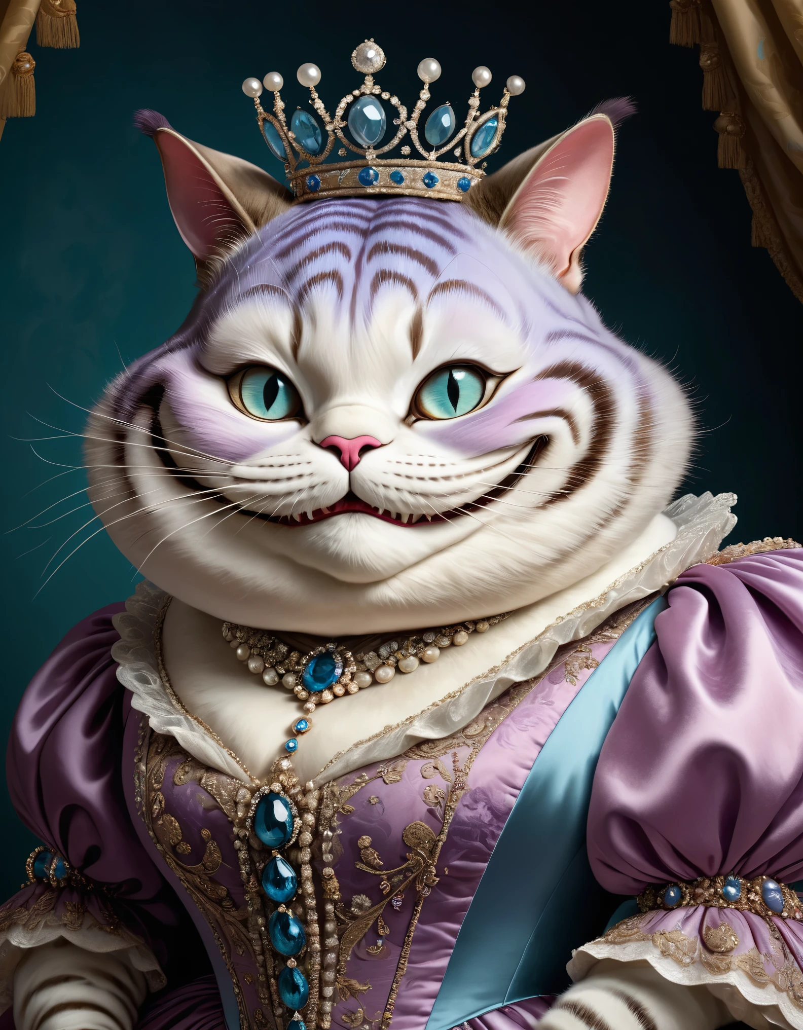 photorealistic portrait of Dressed animals - a ((fat)) (Cheshire cat) Queen, (face close up image:1.5),(elegant pose:1.5) Wearing luxury sack-back gown,(wearing luxury tiara),(happy:1.2), Old-fashioned luxury clothes, detailed and opulent description of a queen's aristocratic sack-back gown in Rococo , emphasizing luxurious fabrics, intricate embroidery, and ornate accessories, simple background,(looking at viewer:1.5),score_9, score_8_up, score_7_up, score_6_up, score_5_up, score_4_up,