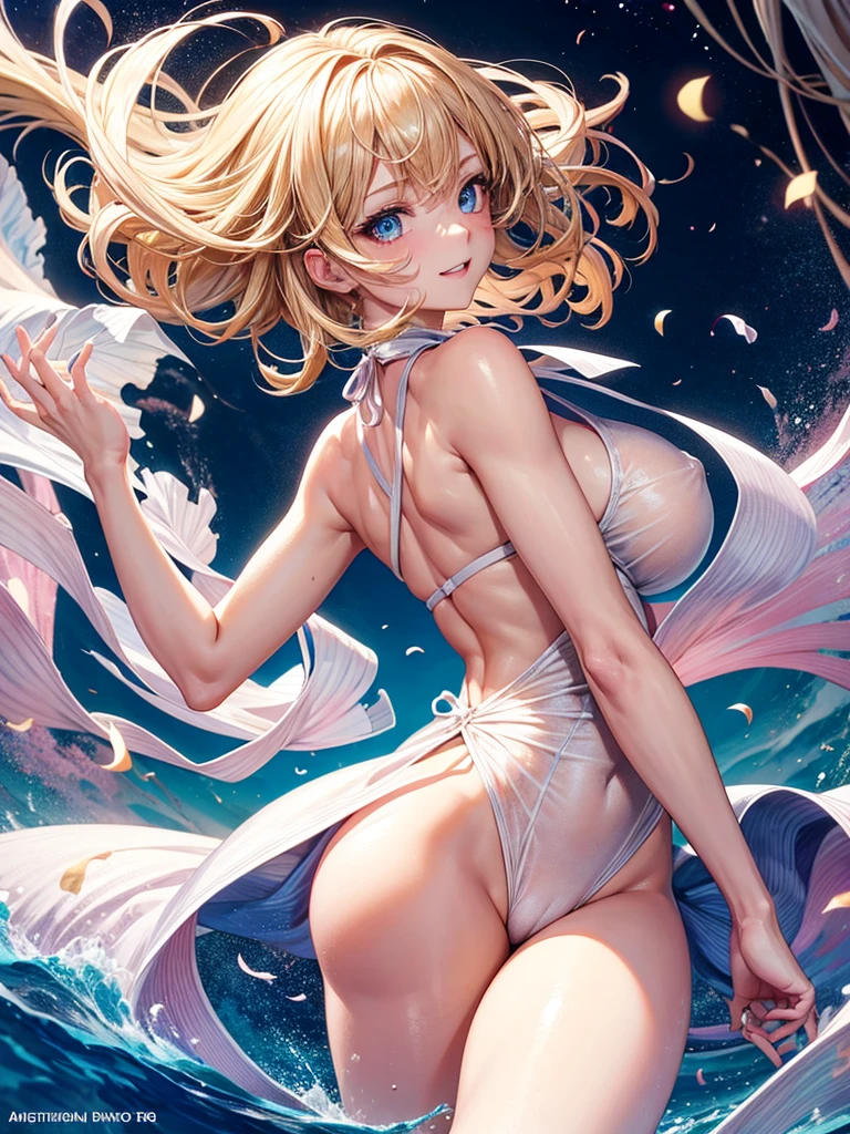 Anime style, super fine illustration, highly detailed, beautiful detailed, pale tone image, Sensual posing Portrait, static representation, gentle expression, 8k, Dynamic angle from behind, pretty 1girl with blonde straight short hair & blue eyes & a bright smile & huge breasts & pink nipples & soft fair skin is wearing the swimsuit on the caribbean beach, brilliant particles of lights, romantic stories, solo, perfect 5fingers, perfect arms, perfect legs, masterpiece.