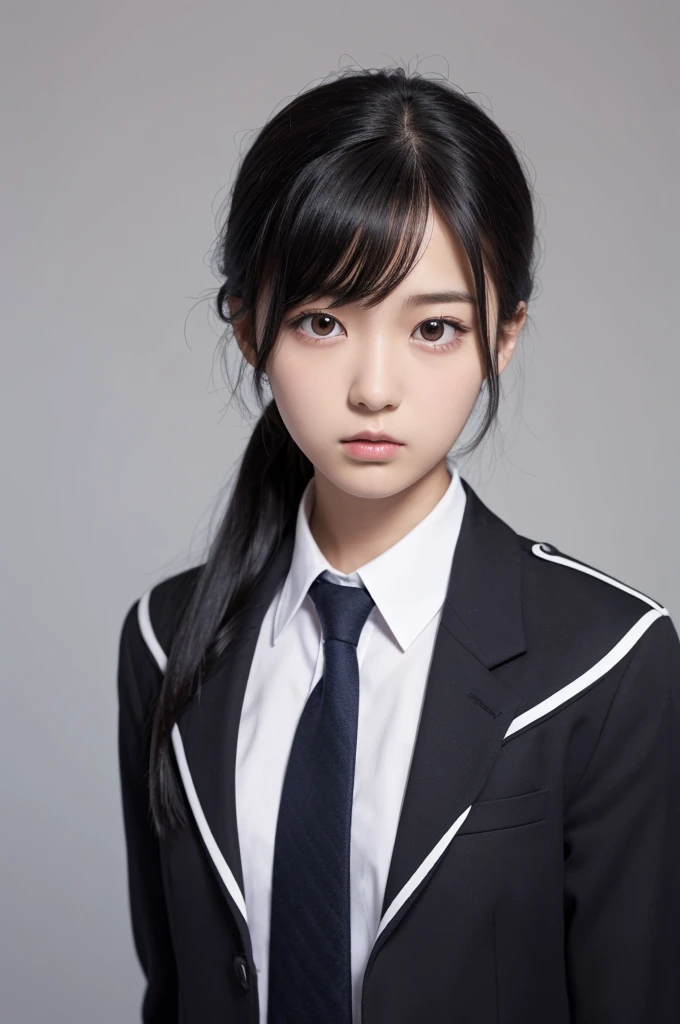 student、uniform、tie、Medium、Black Hair、A little quirky hair、Expressionless、